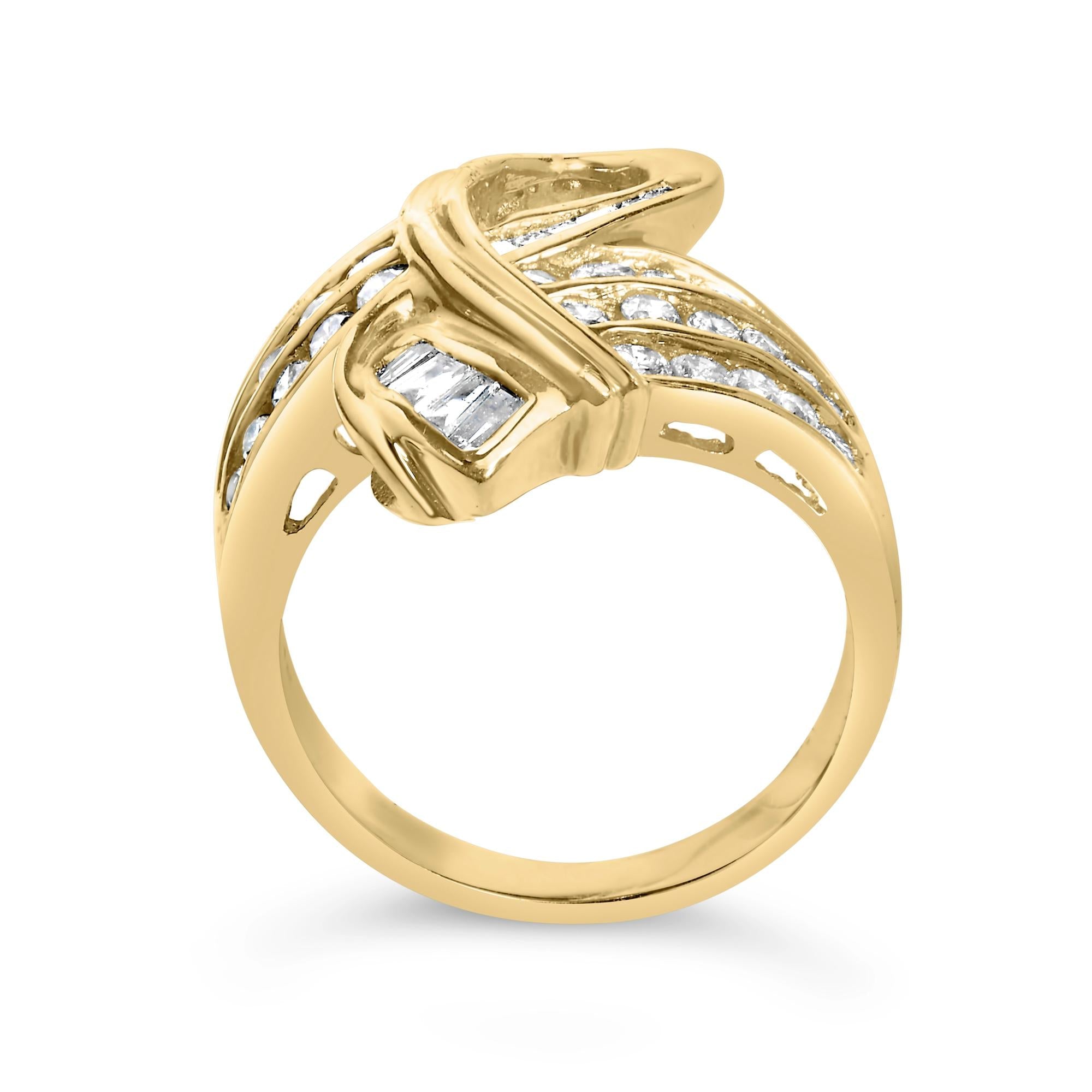 14K Yellow Gold 1 1/3 Cttw Channel Set Diamond Bypass Cocktail Ring (J-K Color, I1-I2 Clarity) - Ring Size 7 - Friggin Jewelry