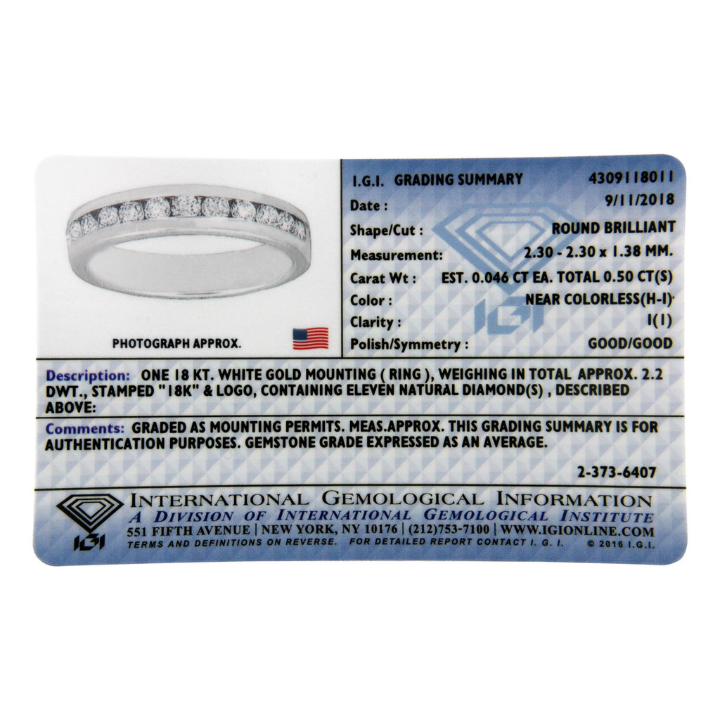Anillo de bodas de oro blanco de 18 quilates con engaste de canal y diamantes redondos de talla brillante de 1/2 quilate, con certificación IGI (color HI, claridad I1-I2) - Friggin Jewelry