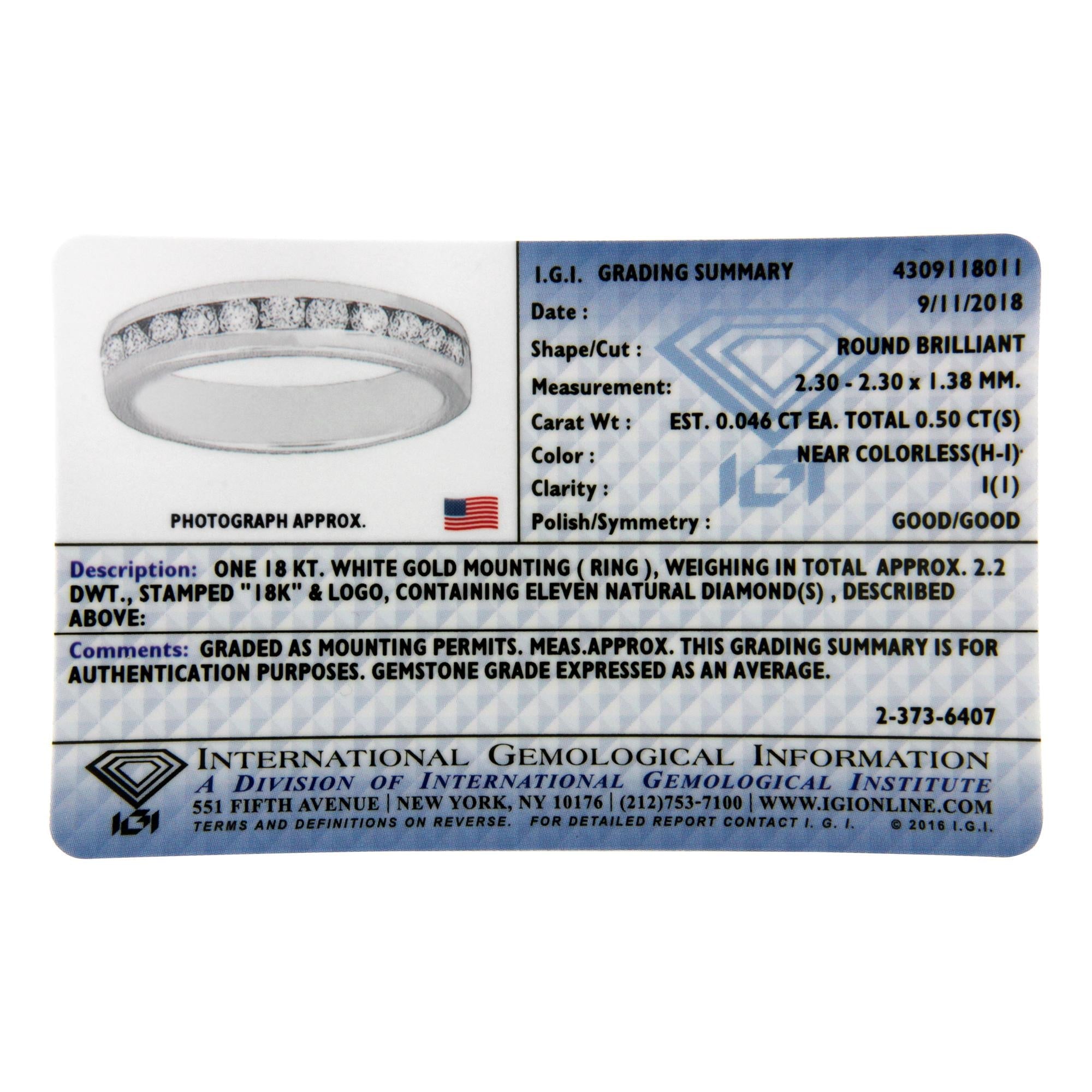 IGI Certified 1/2 Cttw Round Brilliant Cut Diamond 18K White Gold Channel Set Eternity Style Wedding Band Ring (H-I Color, I1-I2 Clarity) - Friggin Jewelry