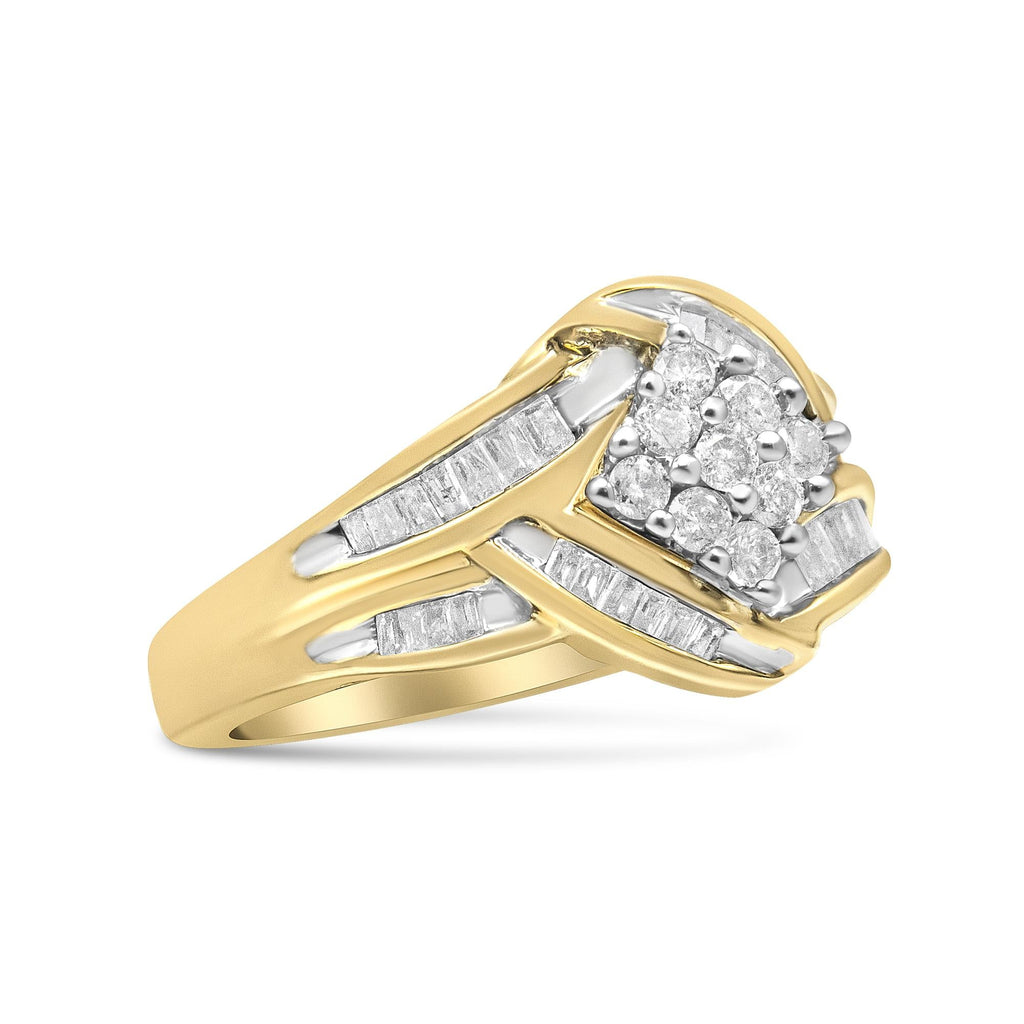 10K Yellow and White Gold 3/4 Cttw Diamond Cluster and Swirl Ring (H-I Color, I1-I2 Clarity) - Friggin Jewelry
