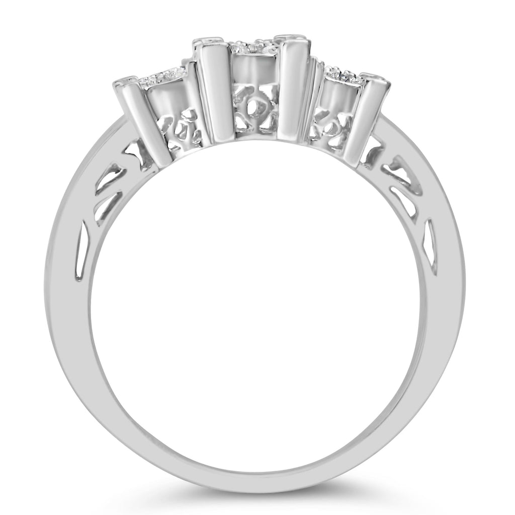 10K White Gold 1/2 Cttw Brilliant & Baguette Cut Diamond 3 Stone Design with 3 Square Clusters Engagement Ring (H-I Color, SI2-I1 Clarity) - Friggin Jewelry
