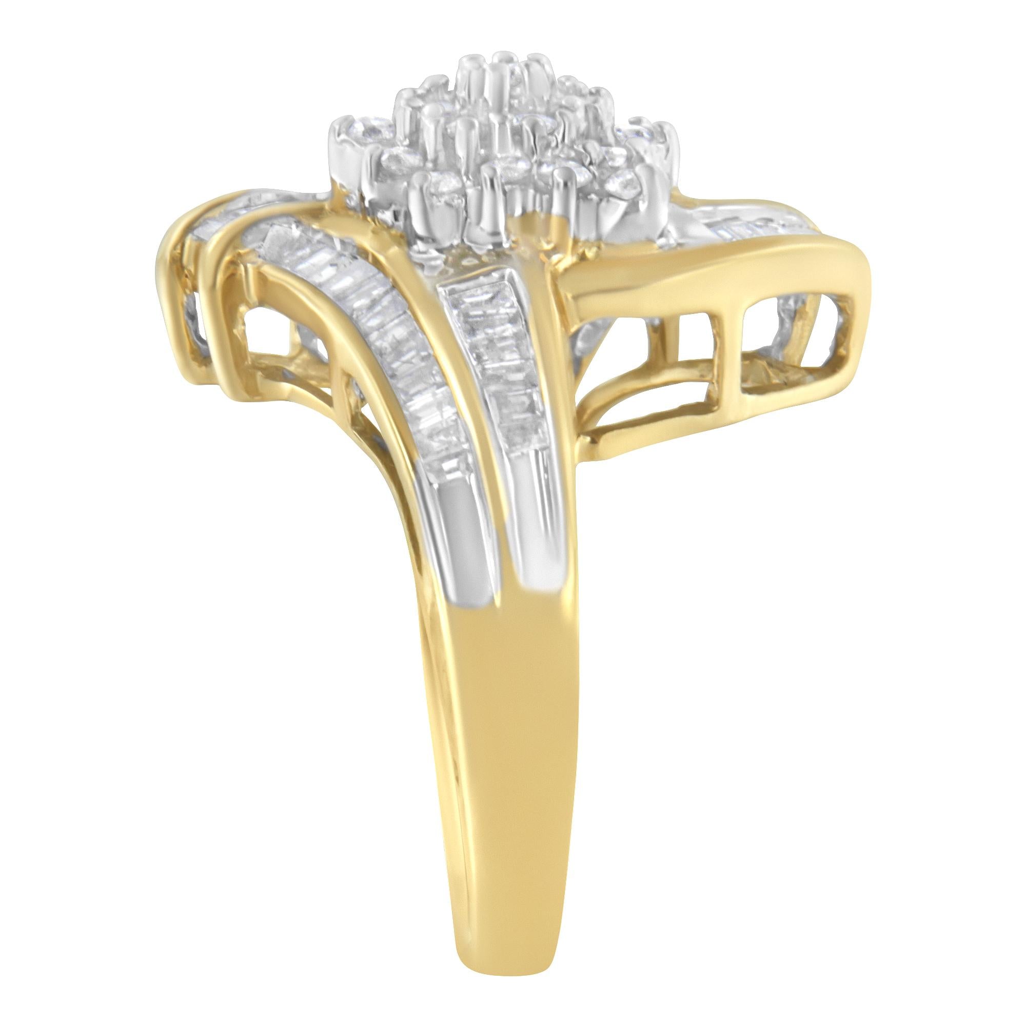 10K Yellow Gold Round and Baguette-Cut Diamond Bypass Cluster Ring (1.0 Cttw, I-J Color, I1-I2 Clarity) - Friggin Jewelry