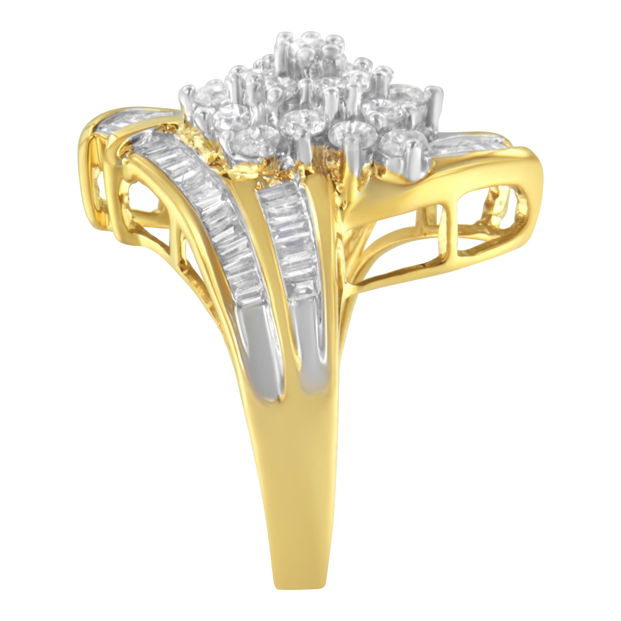 10K Yellow Gold Round and Baguette Diamond Swirl Ring (2.0 Cttw, J-K Color, I2 Clarity) - Friggin Jewelry Premium