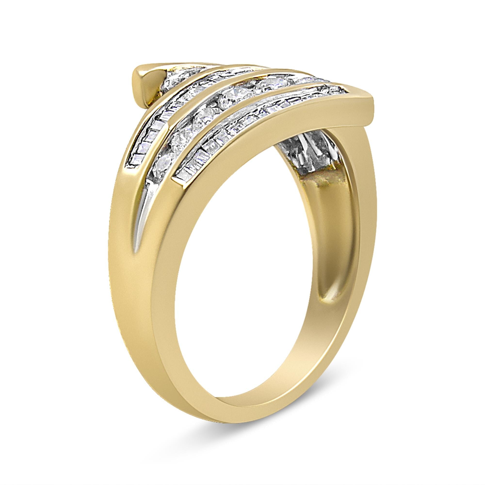 10K Yellow Gold 1 Cttw Round and Baguette-Cut Diamond Multi Row Bypass Ring Band (H-I Color, I1-I2 Clarity) - Friggin Jewelry