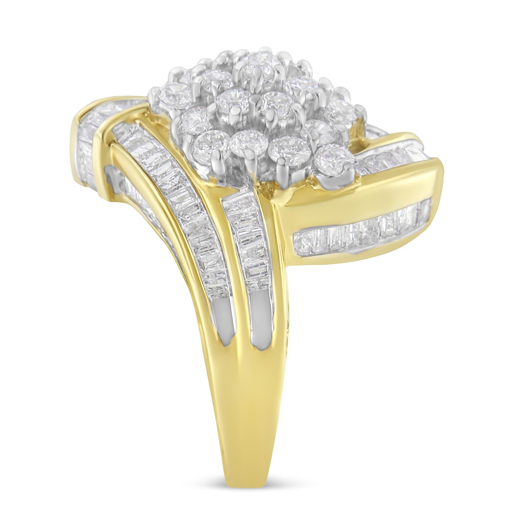 10K Yellow Gold Round and Baguette Diamond Crossover Cluster Ring (3 Cttw, I-J Color, I1-I2 Clarity) - Friggin Jewelry