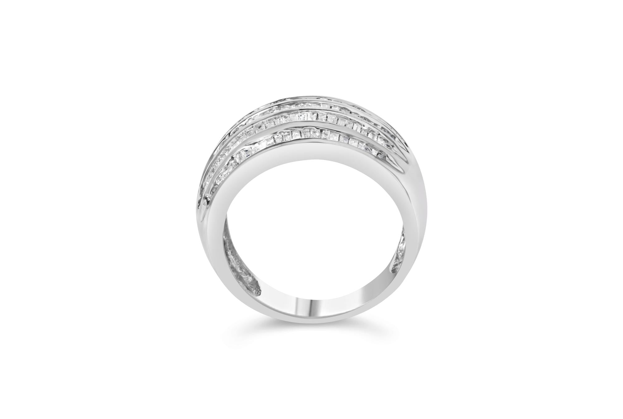 .925 Sterling Silver 1.0 Cttw Baguette-Cut Diamond 6-Row Channel Set Domed Tapered Cocktail Fashion Ring (H-I Color, I2-I3 Clarity) - Friggin Jewelry
