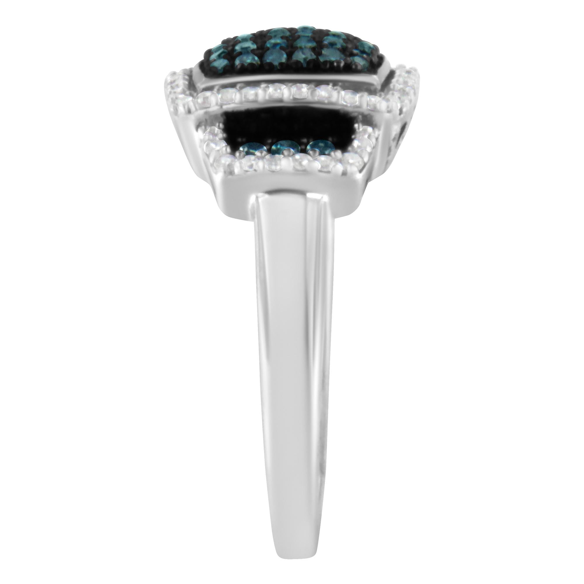 Black Rhodium Plated .925 Sterling Silver 1/2 Cttw White & Blue Diamond Square Halo Cocktail Ring (Fancy Blue & H-I Color, I2-I3 Clarity) - Friggin Jewelry
