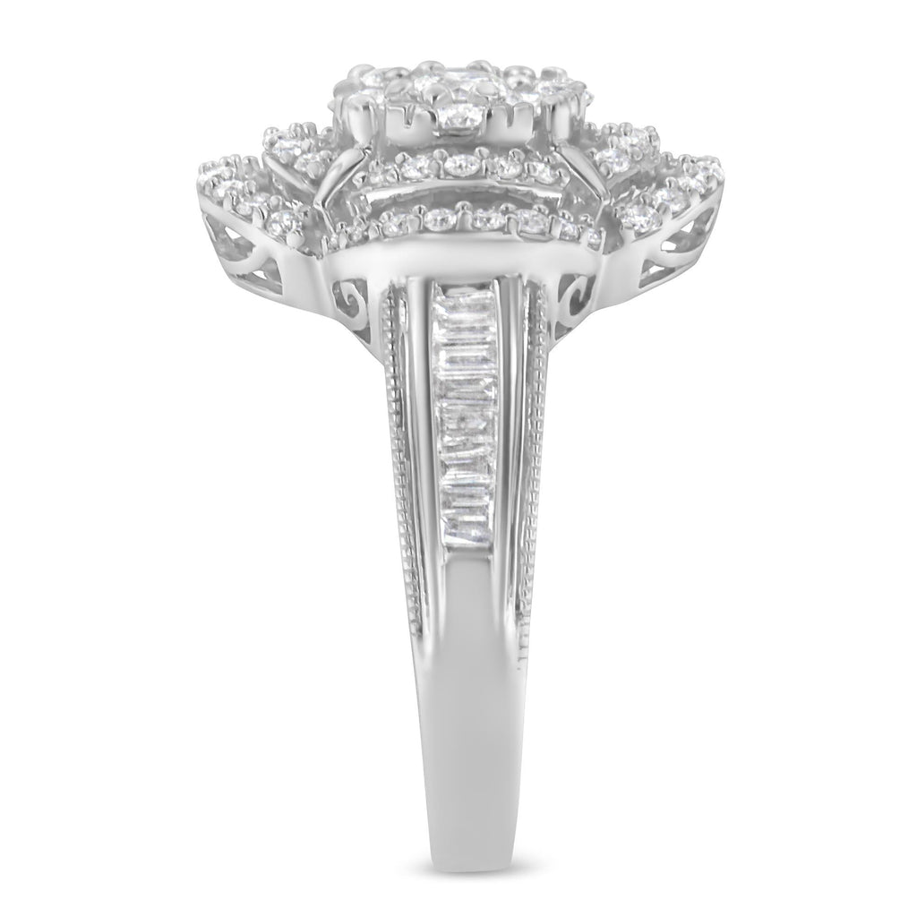 14K White Gold 1.0 Cttw Round & Baguette Cut Diamond Floral Cluster Quatrefoil Channel Set Band Cocktail Statement Ring (H-I Color, SI2-I1 Clarity) - Friggin Jewelry