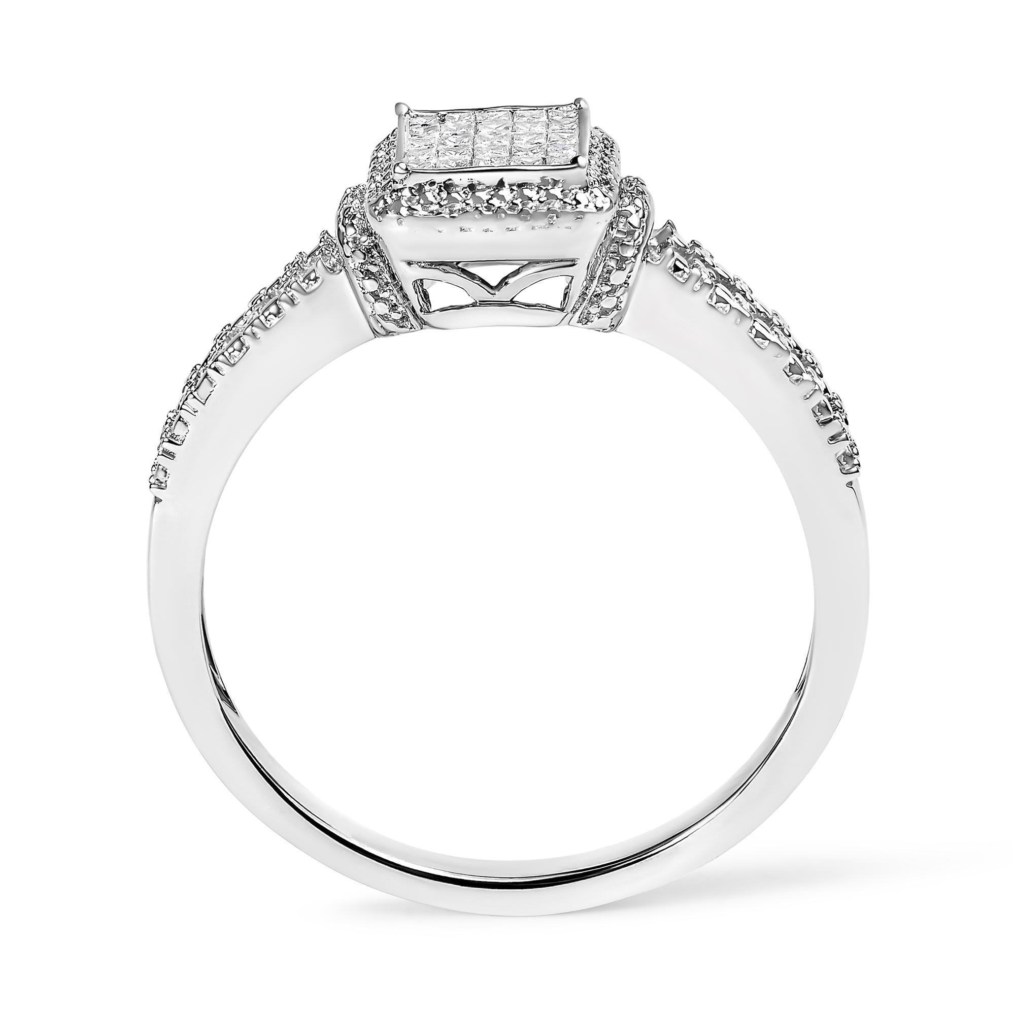 Anillo compuesto de diamantes de talla princesa de 1/4 ct en plata de ley 925 con halo de cuentas (color HI, claridad SI1-SI2) - Friggin Jewelry