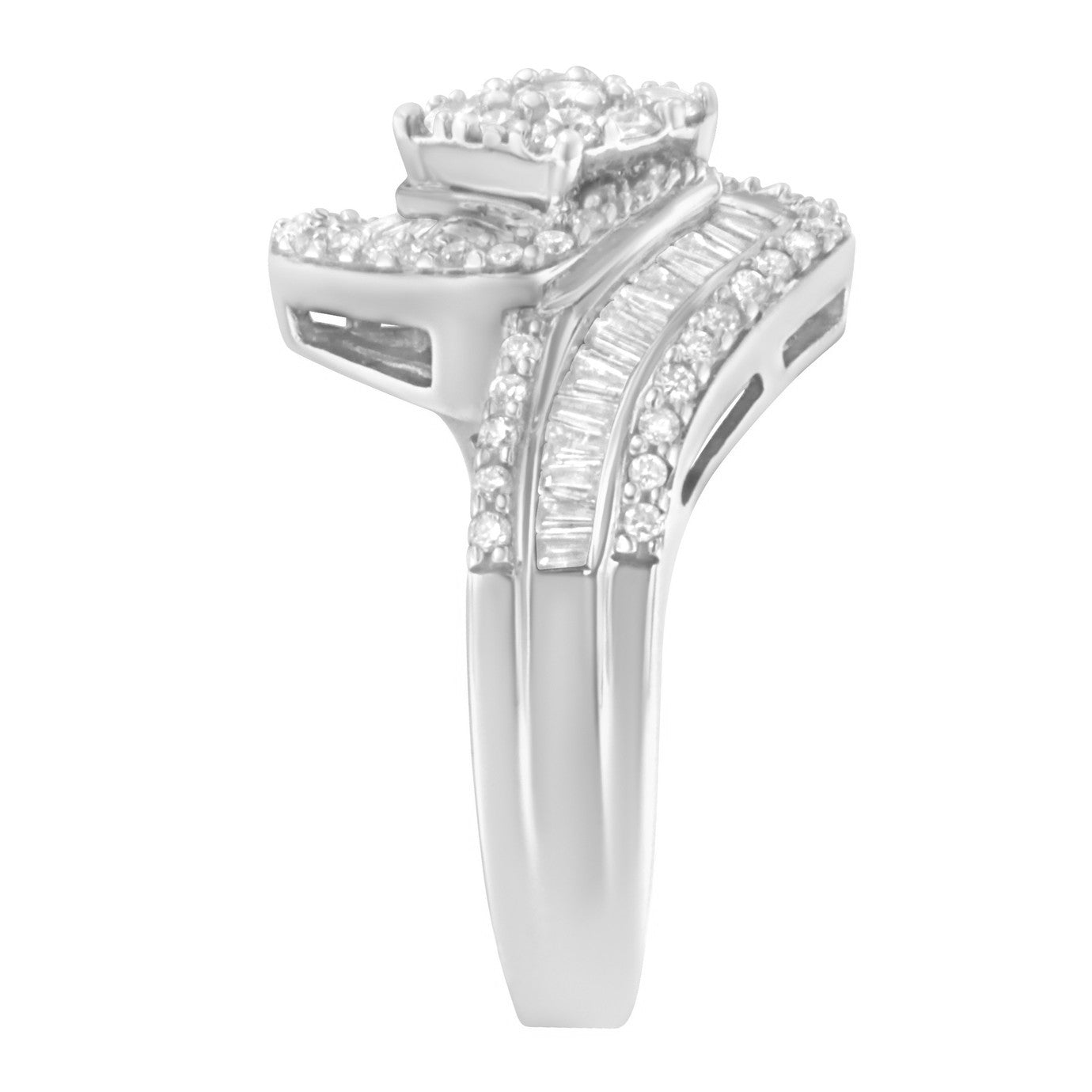14K White Gold 1.0 Cttw Baguette & Brilliant-Cut Diamond Round Floral Cluster Engagement or Fashion Ring with Swirl Wrapped Triple Row Band (H-I Color, SI2-I1 Clarity) - Friggin Jewelry