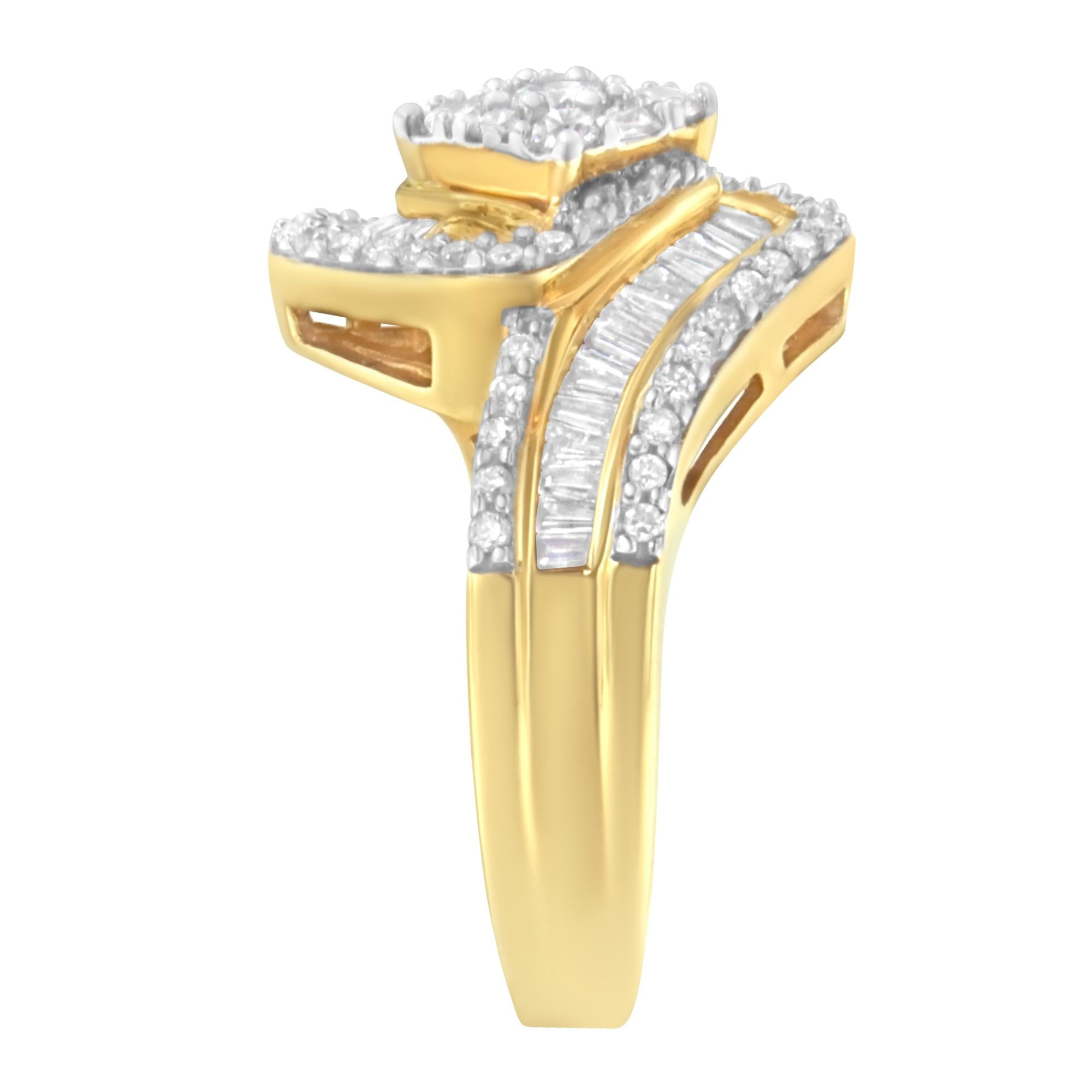 14K Yellow Gold 1.0 Cttw Baguette & Brilliant-Cut Diamond Round Floral Cluster Engagement or Fashion Ring with Swirl Wrapped Triple Row Band (H-I Color, SI2-I1 Clarity) - Friggin Jewelry