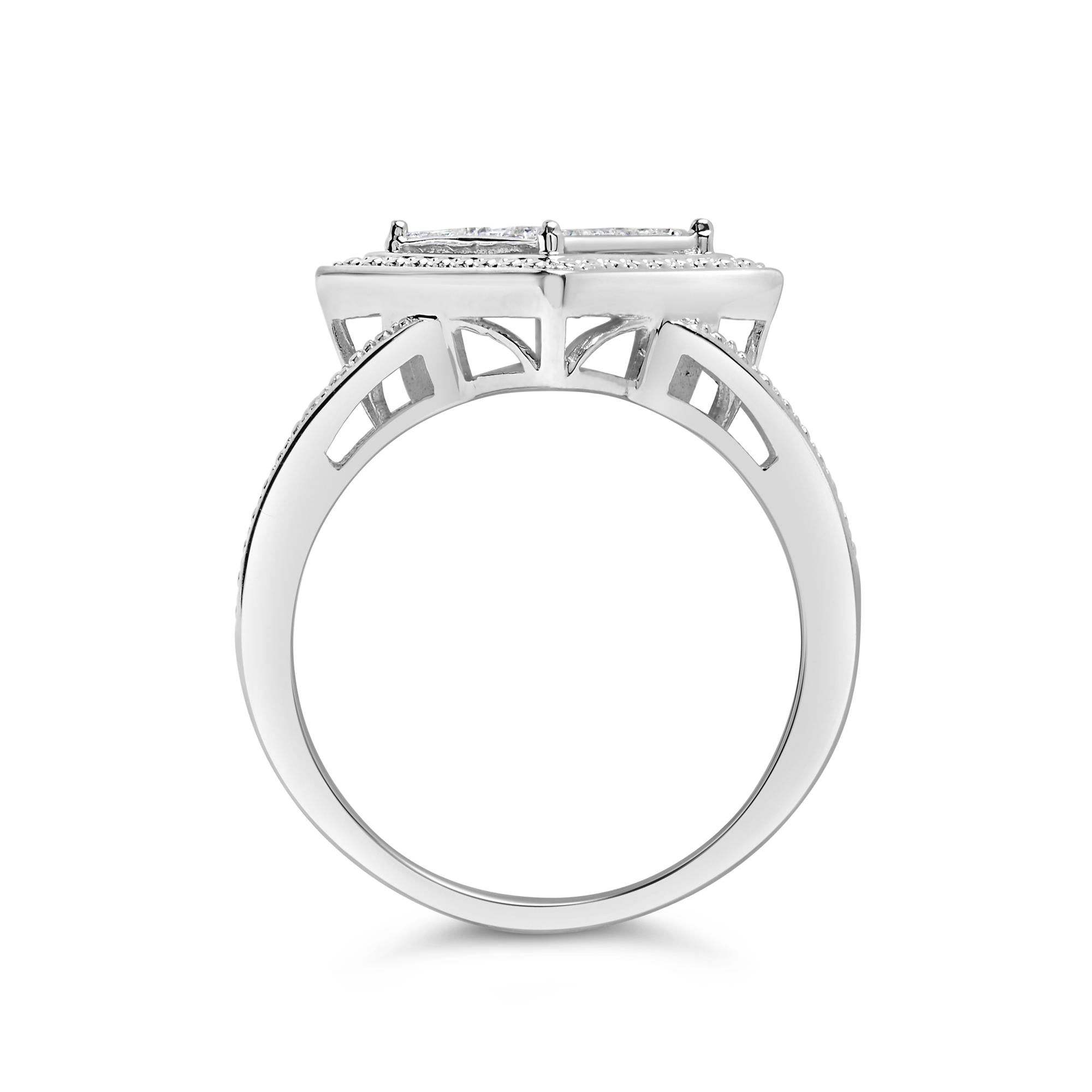 Anillo de plata de ley 925 con halo de cuentas y rombos de diamantes de talla princesa de 1/3 ct (color HI, claridad SI1-SI2) - Friggin Jewelry