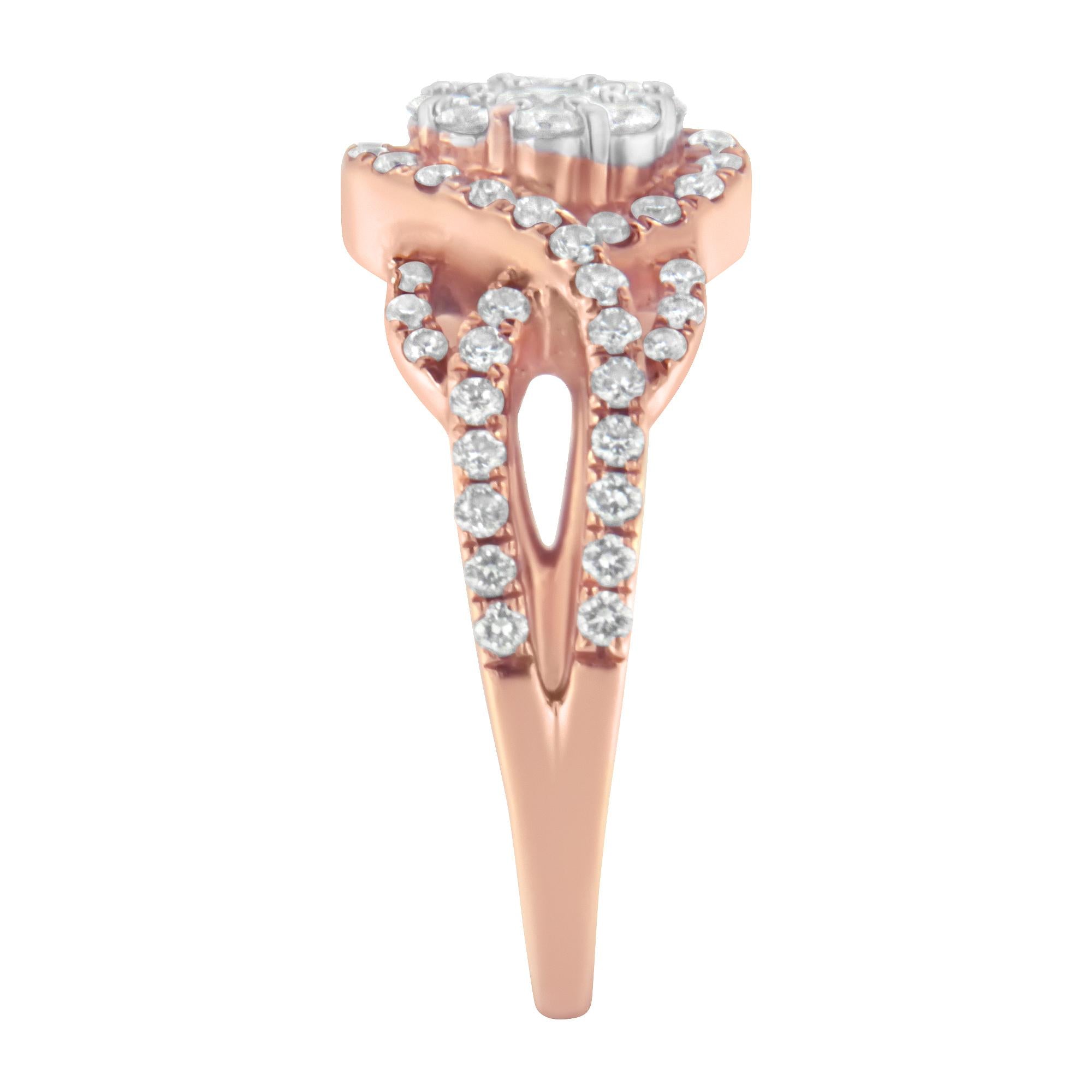 10K Rose Gold 3/4 Cttw Diamond Floral Cluster Head and Twisted Shank Cocktail  Ring (H-I Color, SI1-SI2 Clarity) - Friggin Jewelry