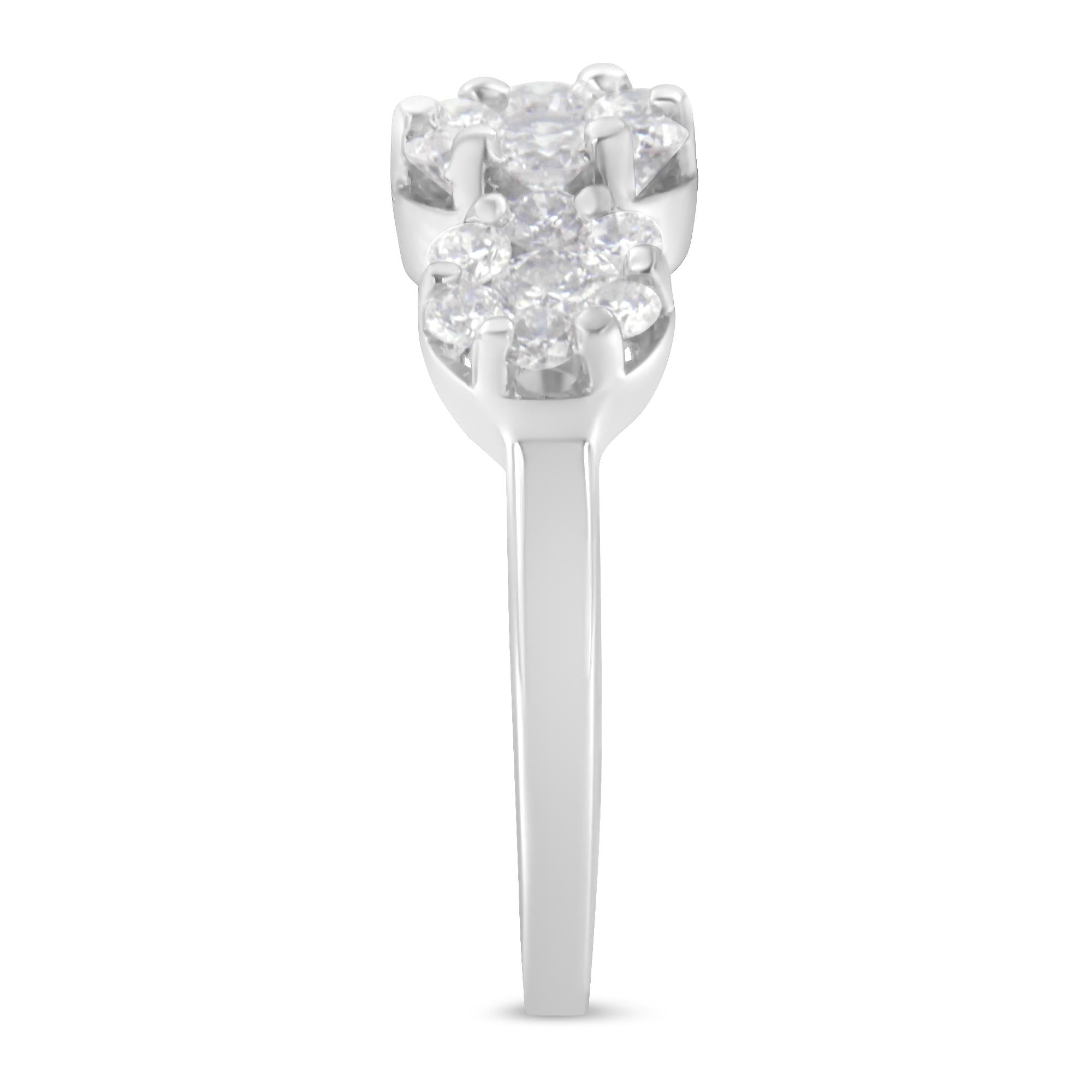 14K White Gold 1-1/4 Cttw Brilliant Cut Diamond Three Round Floral Clusters Engagement or Fashion Ring (H-I Color, SI2-I1 Clarity) - Friggin Jewelry