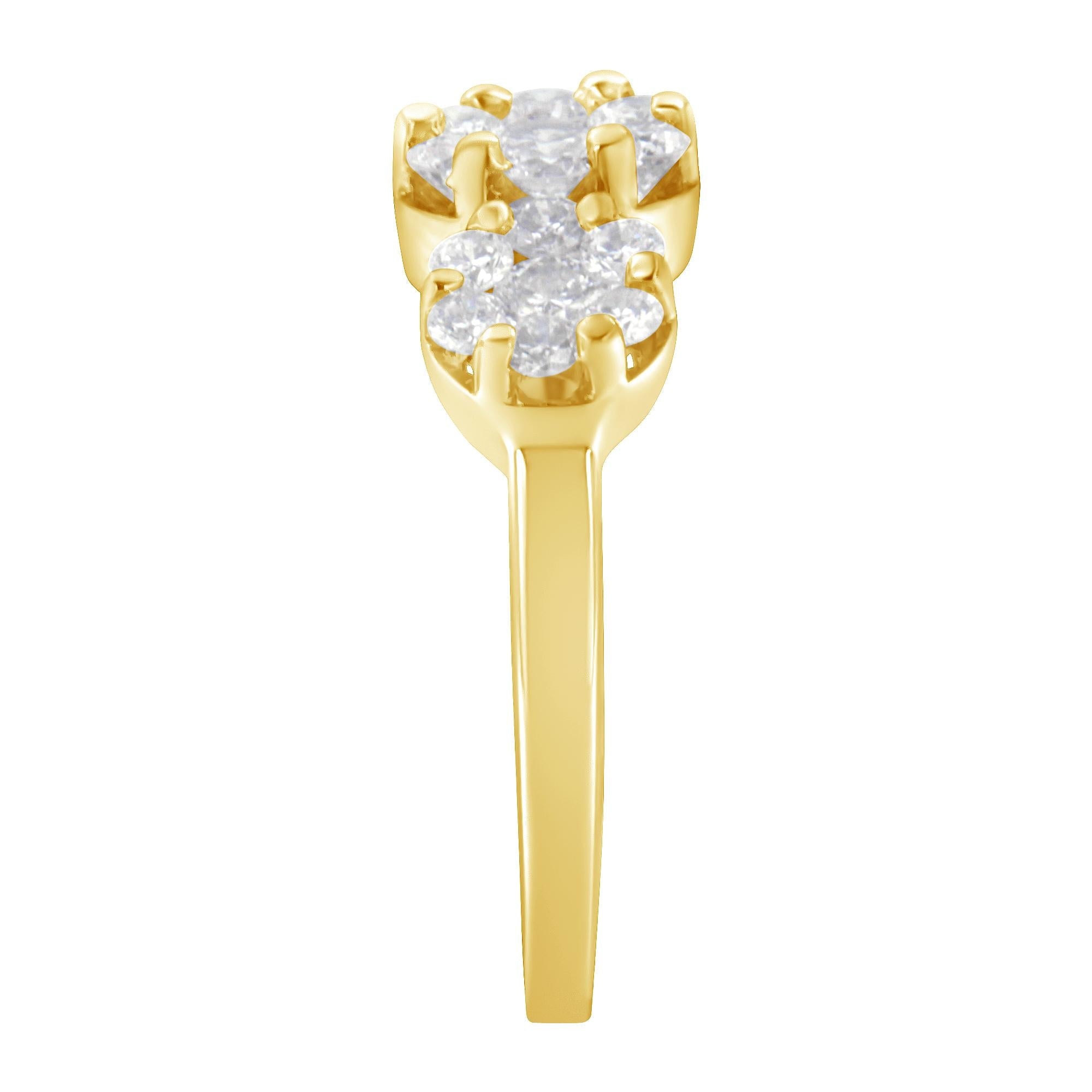 14K Yellow Gold 1-1/4 Cttw Brilliant Cut Diamond Three Round Floral Clusters Engagement or Fashion Ring (H-I Color, SI2-I1 Clarity) - Friggin Jewelry