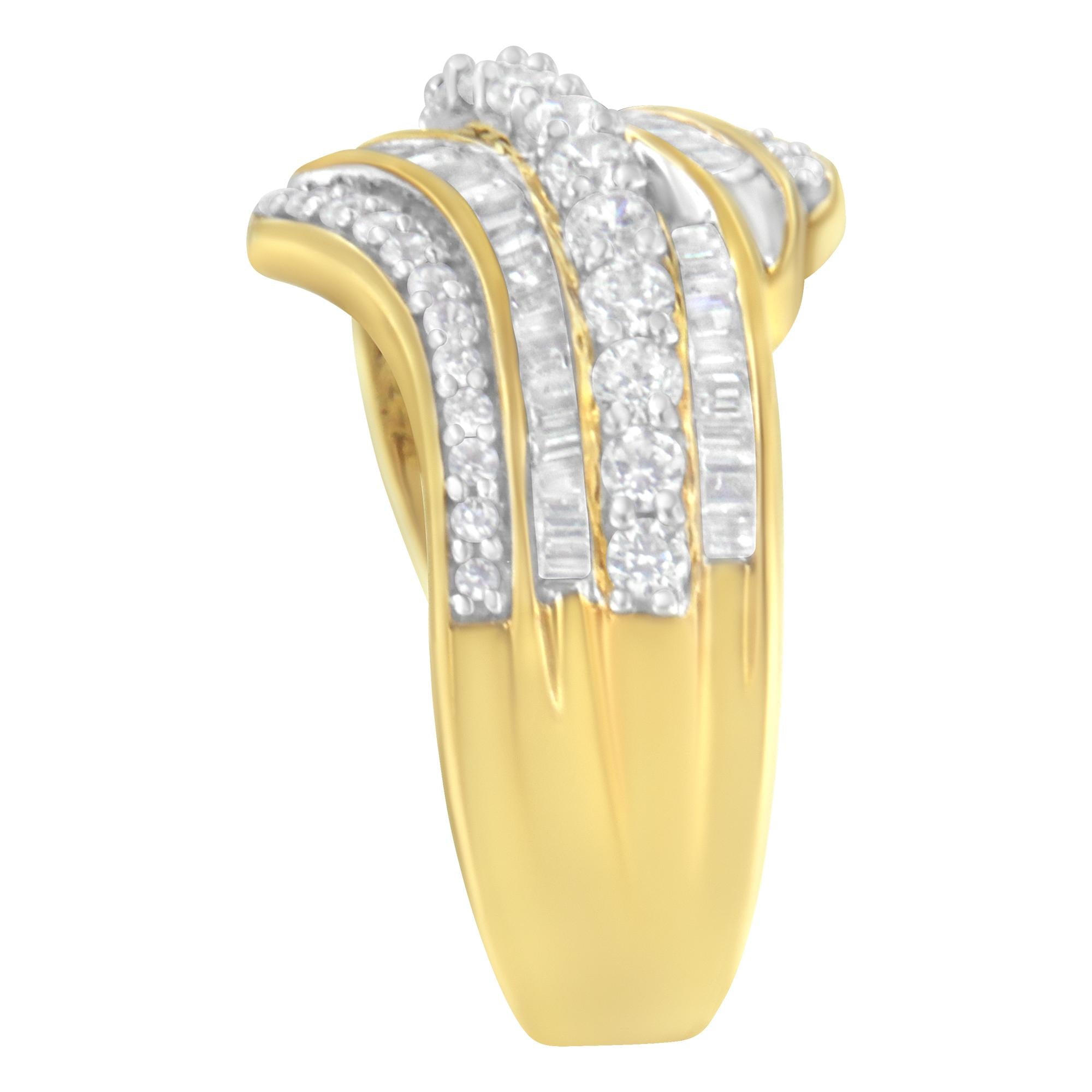 Anillo de oro amarillo de 10 quilates con diamantes baguette y redondos de 1,0 quilates, con varias hileras de ondas (color IJ, claridad I1-I2) - Friggin Jewelry