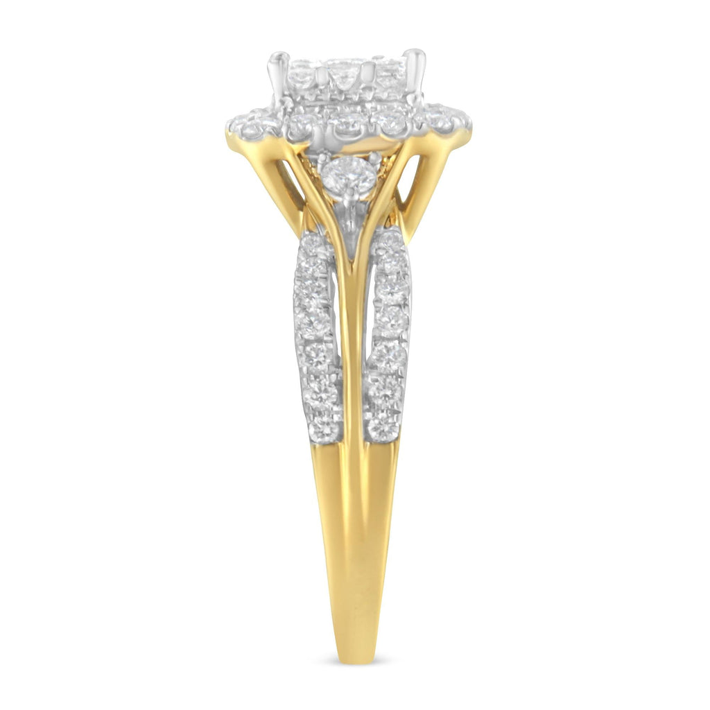 Anello di fidanzamento a 3 fasce con alone a forma di cuscino in oro giallo 10 carati con diamanti compositi da 1,0 ct (colore HI, purezza SI1-SI2) - Friggin Jewelry