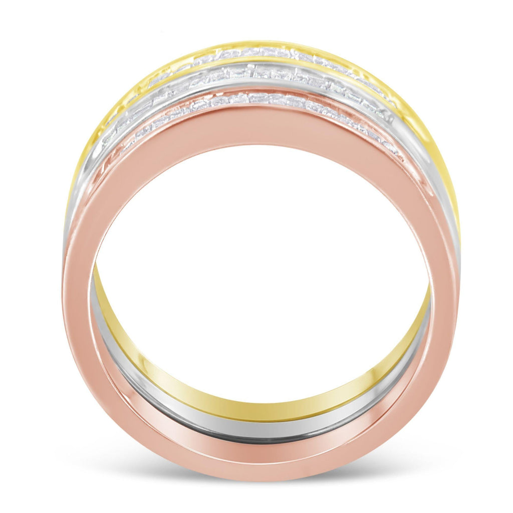 10K Yellow, White and Rose Gold over .925 Sterling Silver 5/8 Cttw Diamond Channel-Set Stackable Band Ring Set (H-I Color, I1-I2 Clarity) - Friggin Jewelry