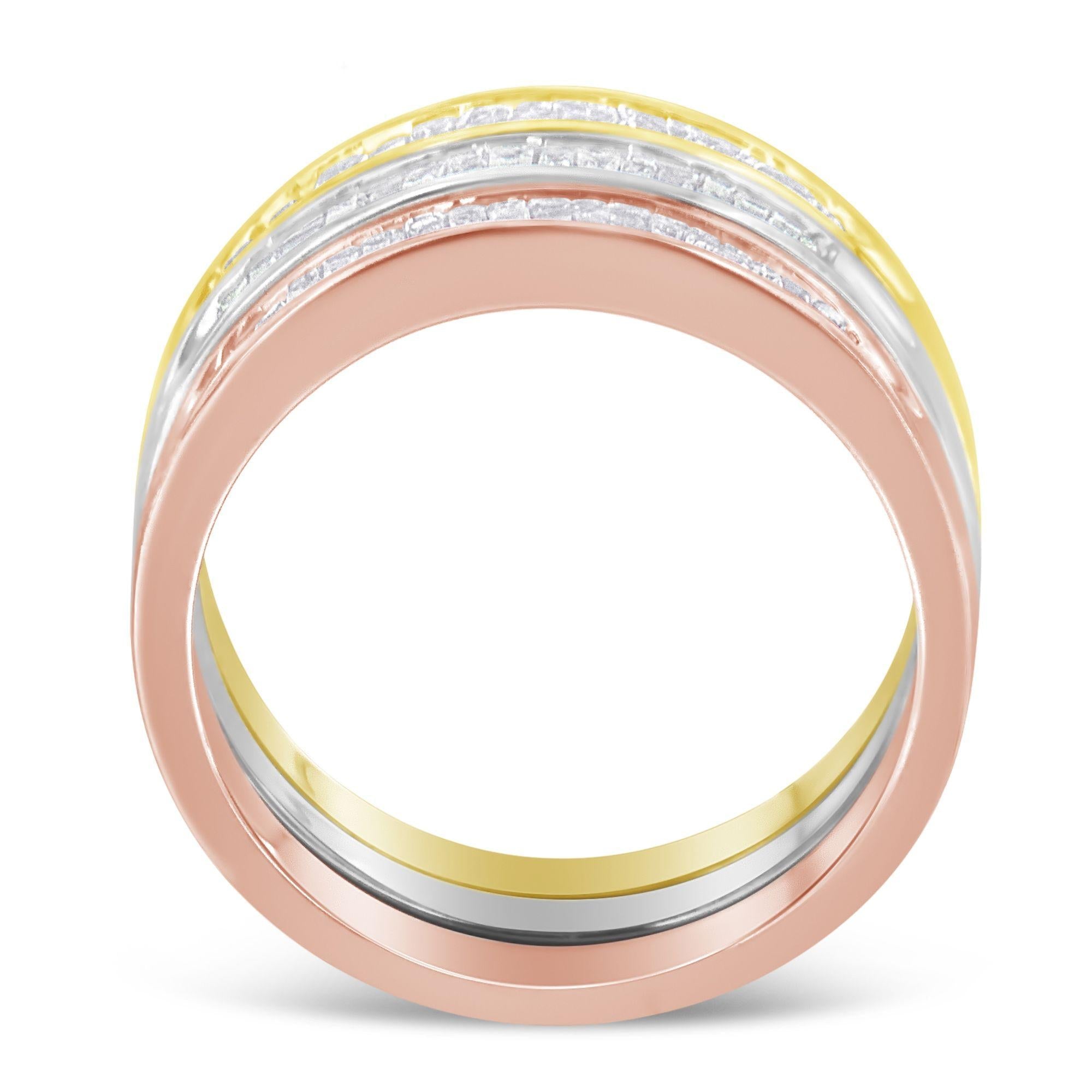 10K Yellow, White and Rose Gold over .925 Sterling Silver 5/8 Cttw Diamond Channel-Set Stackable Band Ring Set (H-I Color, I1-I2 Clarity) - Friggin Jewelry
