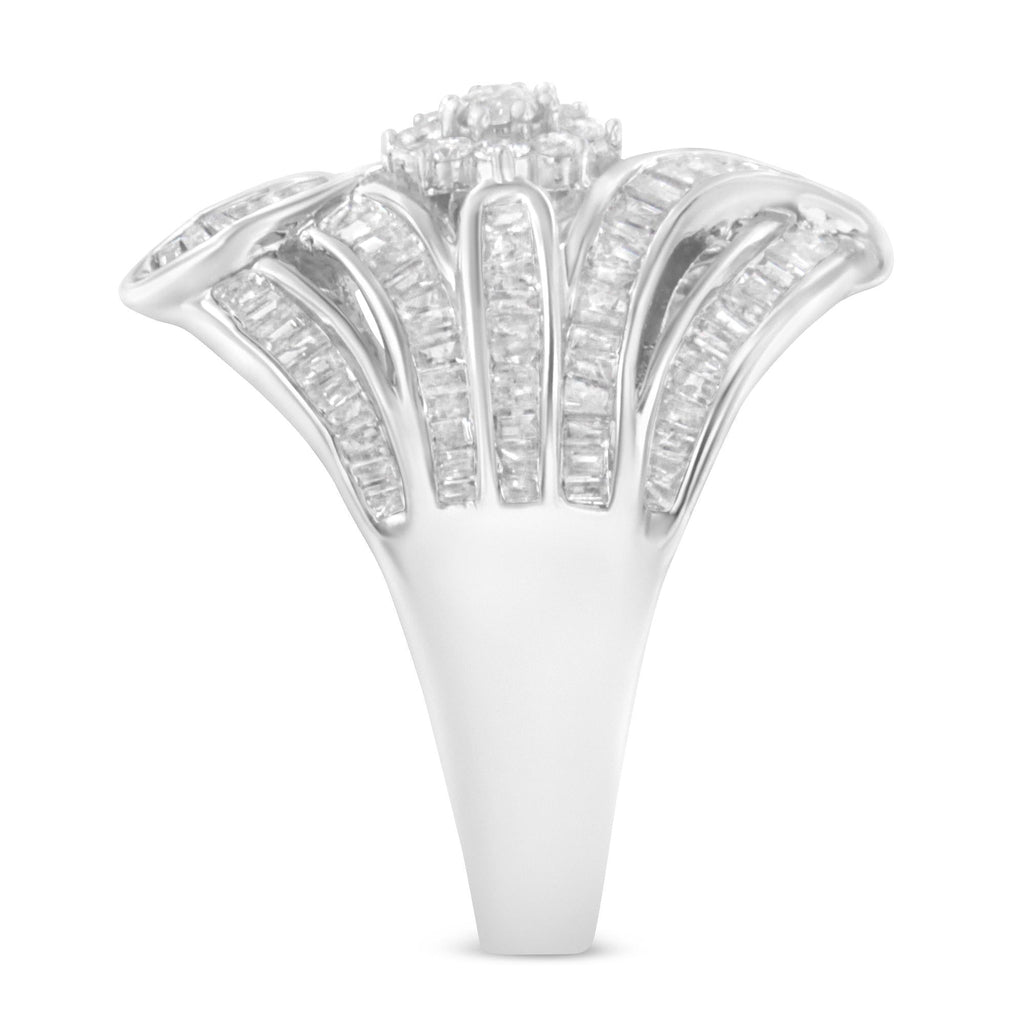 .925 Sterling Silver 1-1/8 Cttw Round & Baguette Diamond 'Flower & Fern' Cluster Cocktail Fashion Ring (I-J Color, I2-I3 Clarity) - Friggin Jewelry