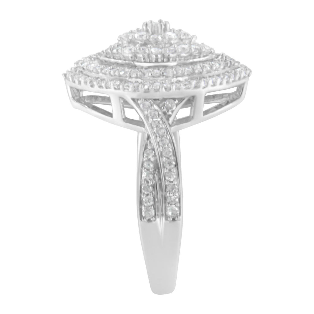 .925 Sterling Silver 1.0 Cttw Round & Baguette-Cut Diamond Marquise-Shaped Cluster Triple Stepped Halo Cocktail Fashion Ring (I-J Color, I2-I3 Clarity) - Friggin Jewelry