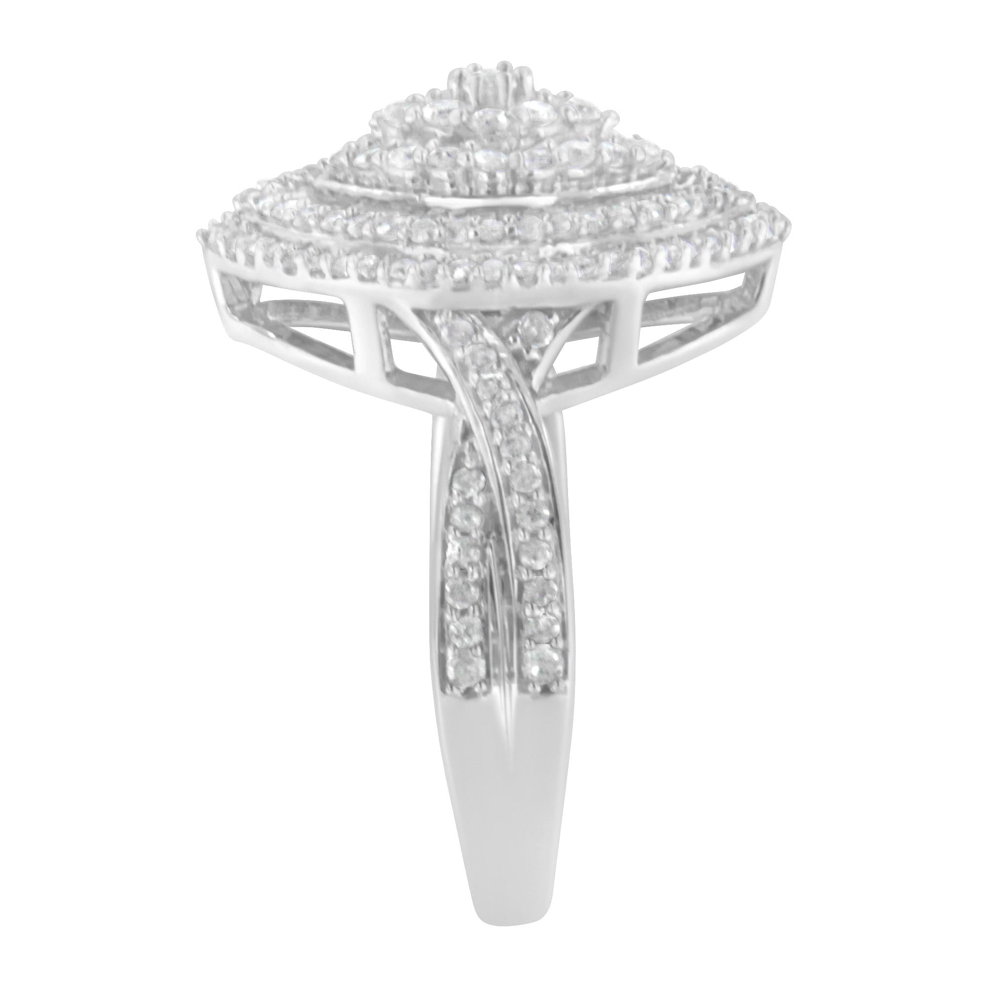 .925 Sterling Silver 1.0 Cttw Round & Baguette-Cut Diamond Marquise-Shaped Cluster Triple Stepped Halo Cocktail Fashion Ring (I-J Color, I2-I3 Clarity) - Friggin Jewelry