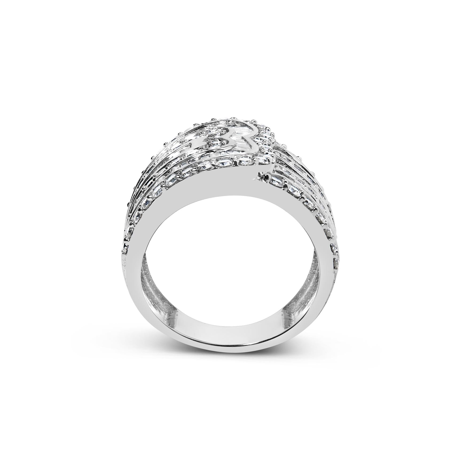 10K White Gold 2 1/2 Cttw Round and Baguette-Cut Diamond Multi-Row Bypass Ring (J-K Color, I2-I3 Clarity) - Friggin Jewelry Premium