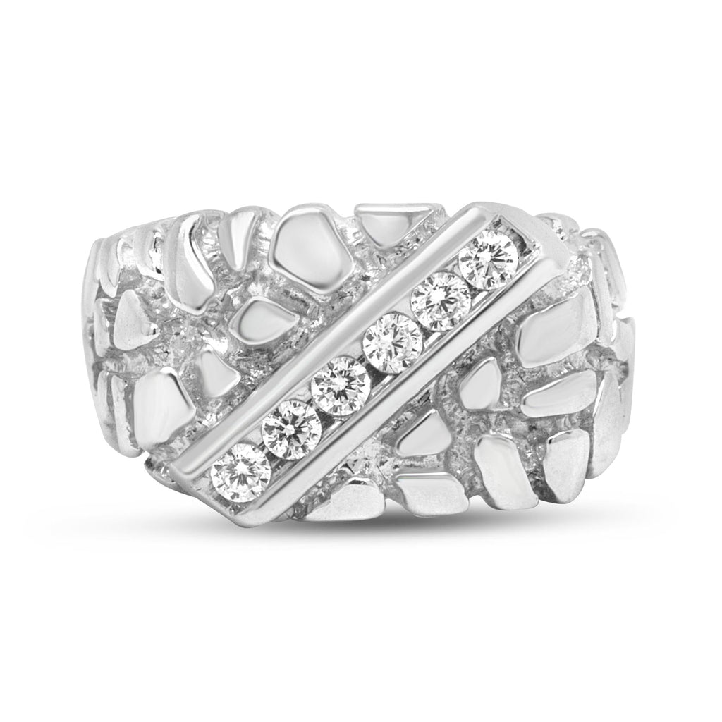 .925 Sterling Silver 1/3 Diamond 6 Stone Rectangle Nugget Gents Ring - Friggin Jewelry