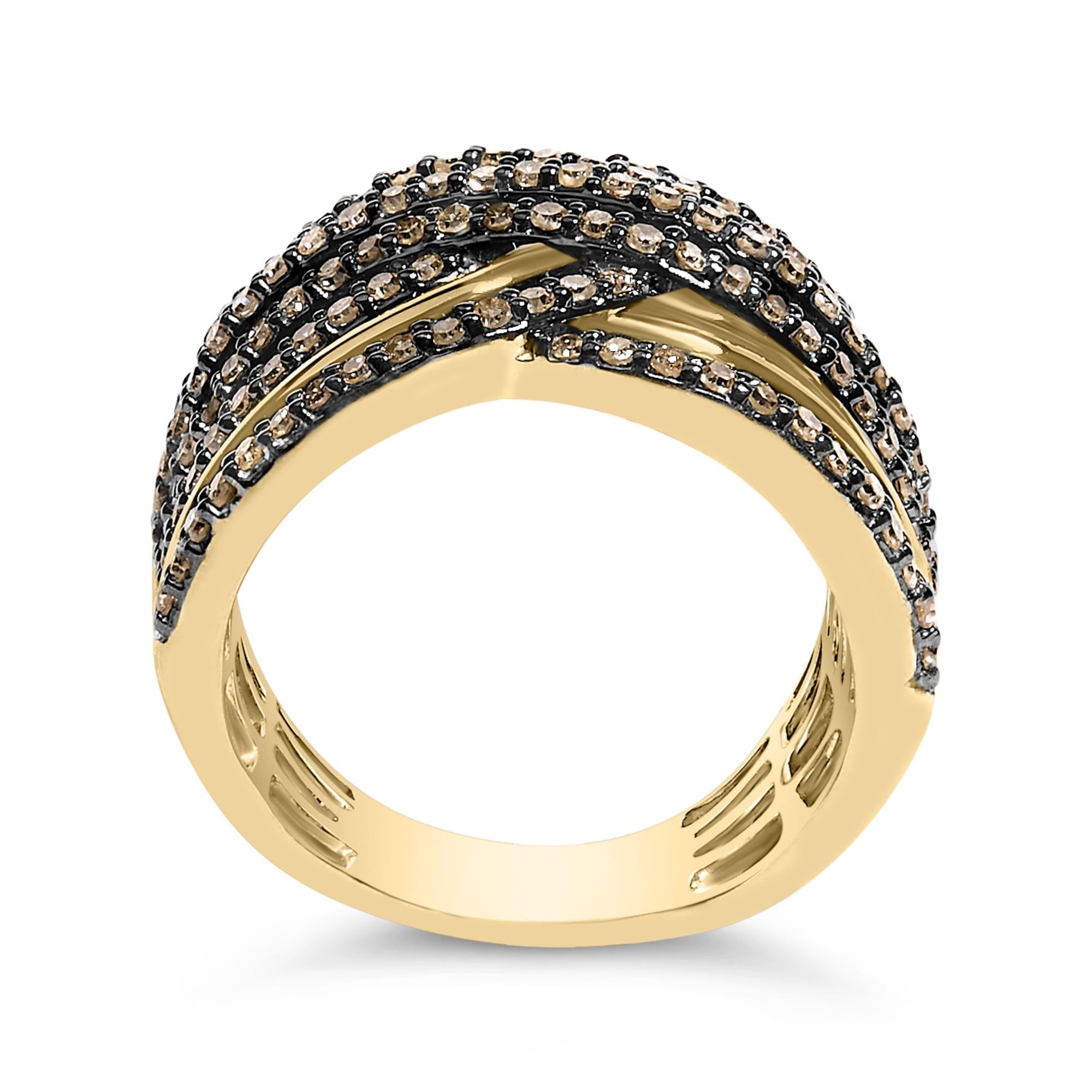 10K Yellow Gold Plated .925 Sterling Silver 1.0 Cttw Champagne Diamond Multi Row Cross Over Band Ring - Friggin Jewelry