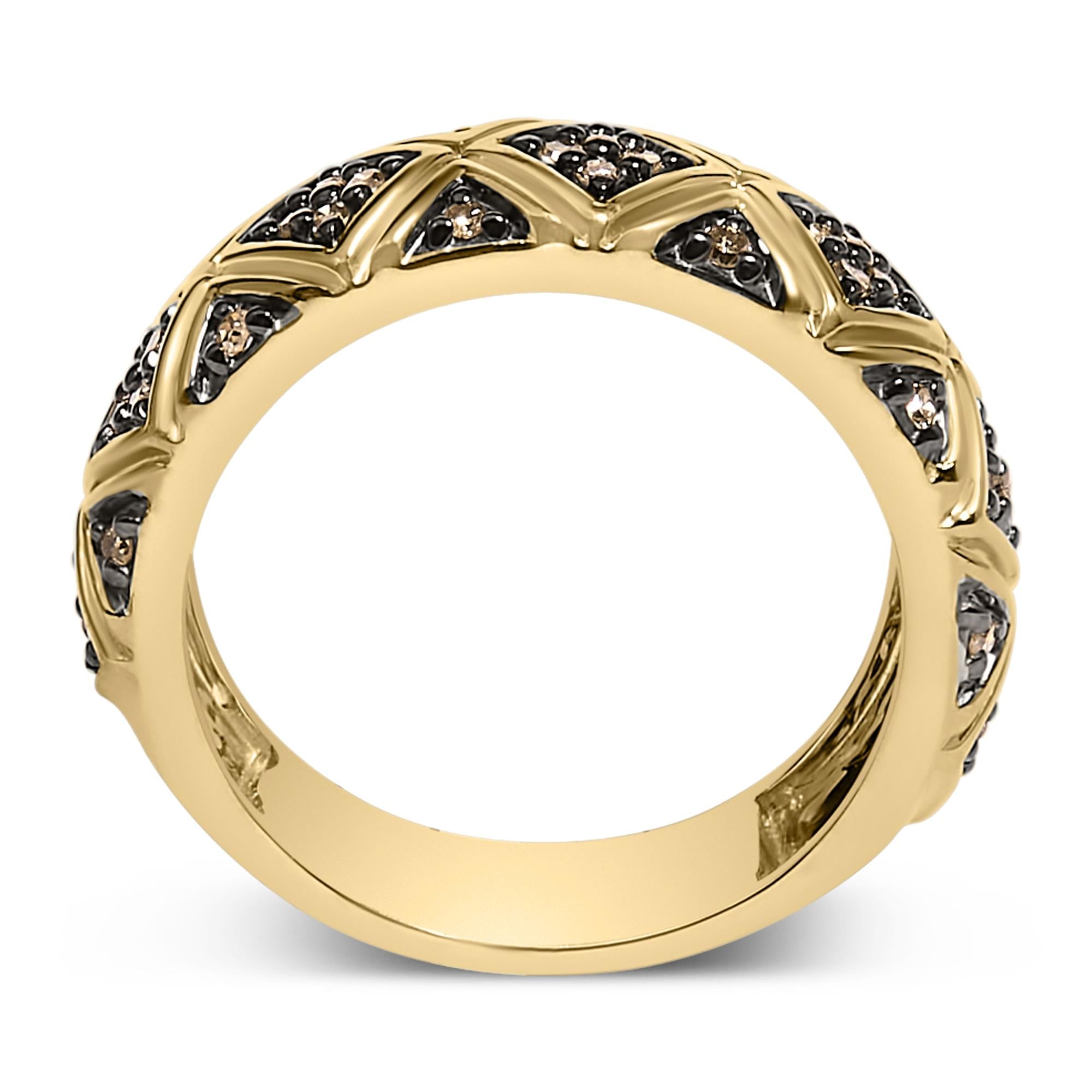 10K Yellow Gold Plated .925 Sterling Silver 3/8 Cttw Champagne Diamond Geometric Style Band Ring - Friggin Jewelry