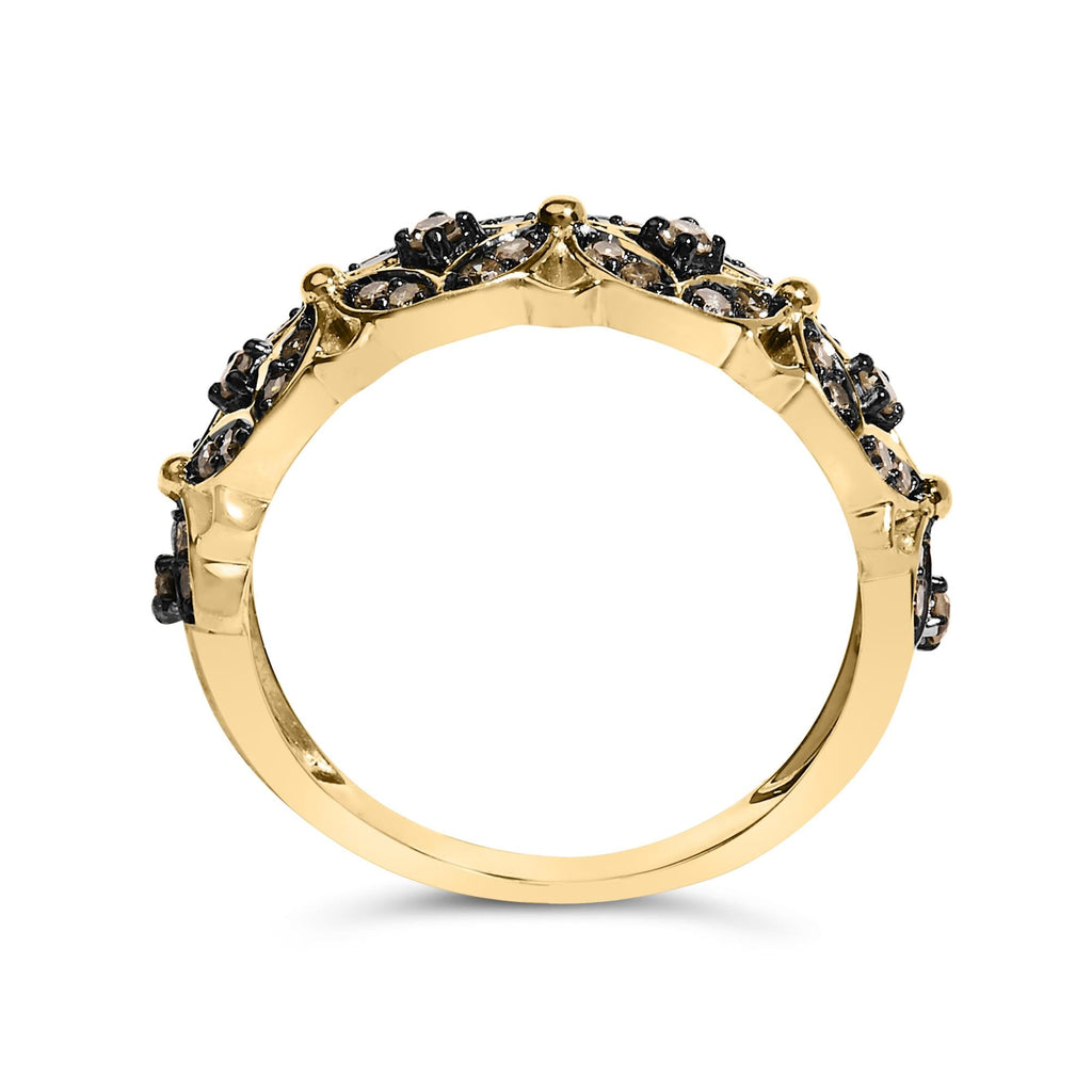 Anillo de plata de ley 925 bañado en oro amarillo de 10 quilates con diamantes color champán de 3/8 quilates y diseño enrejado - Friggin Jewelry