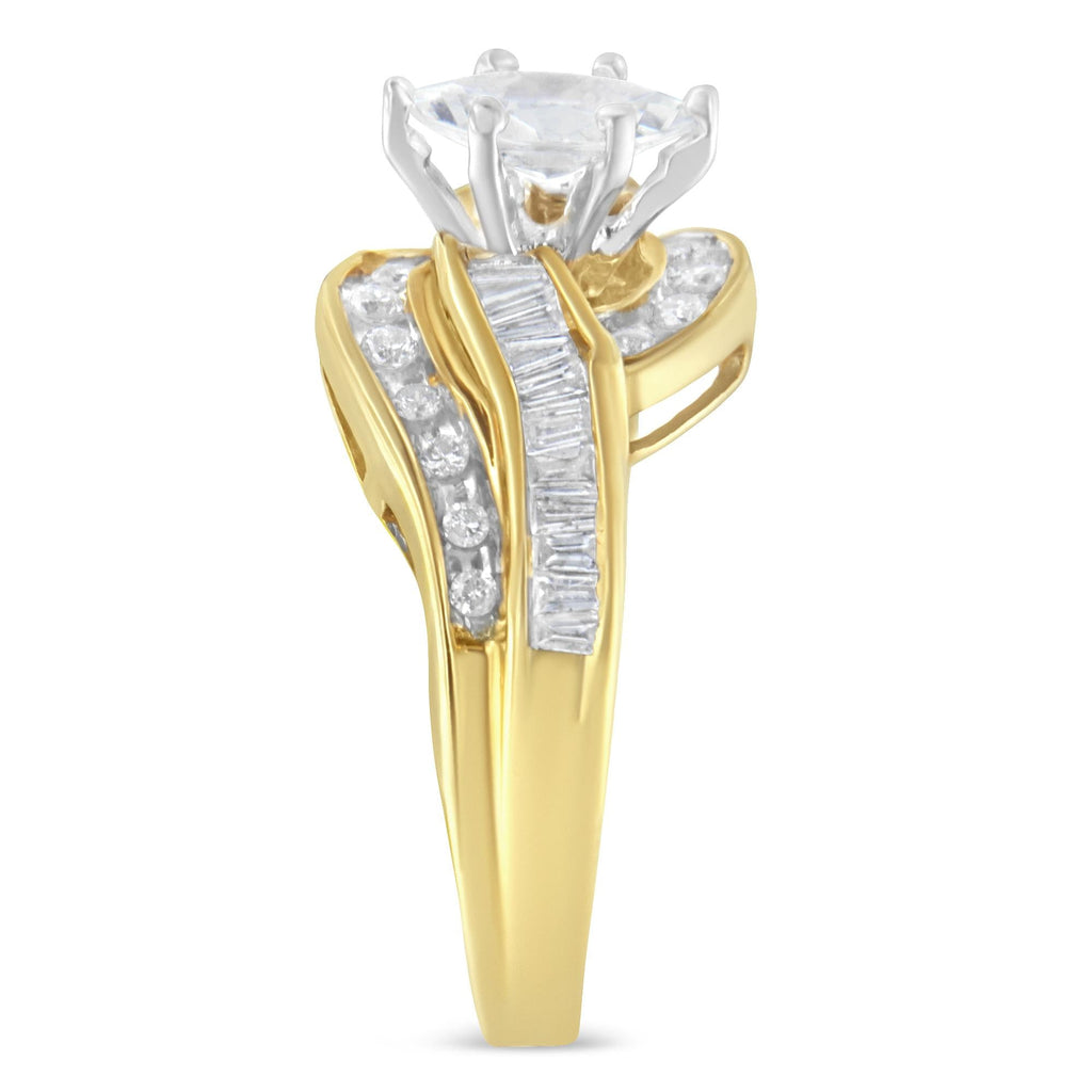 14KT Two-Toned Gold Marquise, Baguette and Round Cut Diamond Bypass Ring (1 cttw, H-I Color, SI1-SI2 Clarity) - Friggin Jewelry