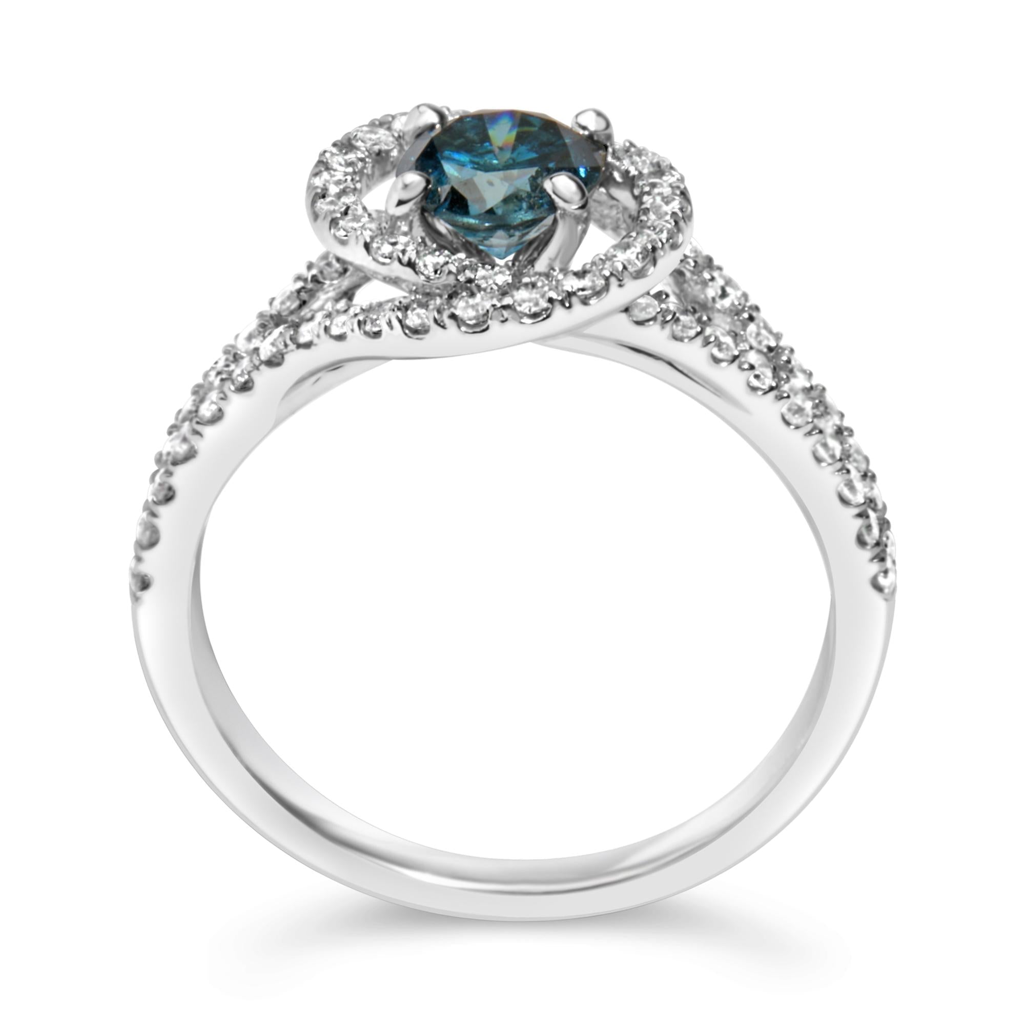 14K White Gold 1-1/3 Cttw White & Blue Diamond Interweaving Double Halo Cocktail Statement Ring (G-H and Fancy Blue Color, SI2-I1 Clarity) - Friggin Jewelry