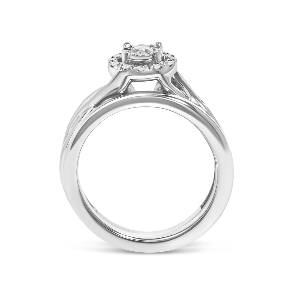 Anillo de compromiso y alianza de boda en plata de ley 925 con halo de diamantes de 1/7 quilates (color IJ, claridad I3) - Friggin Jewelry