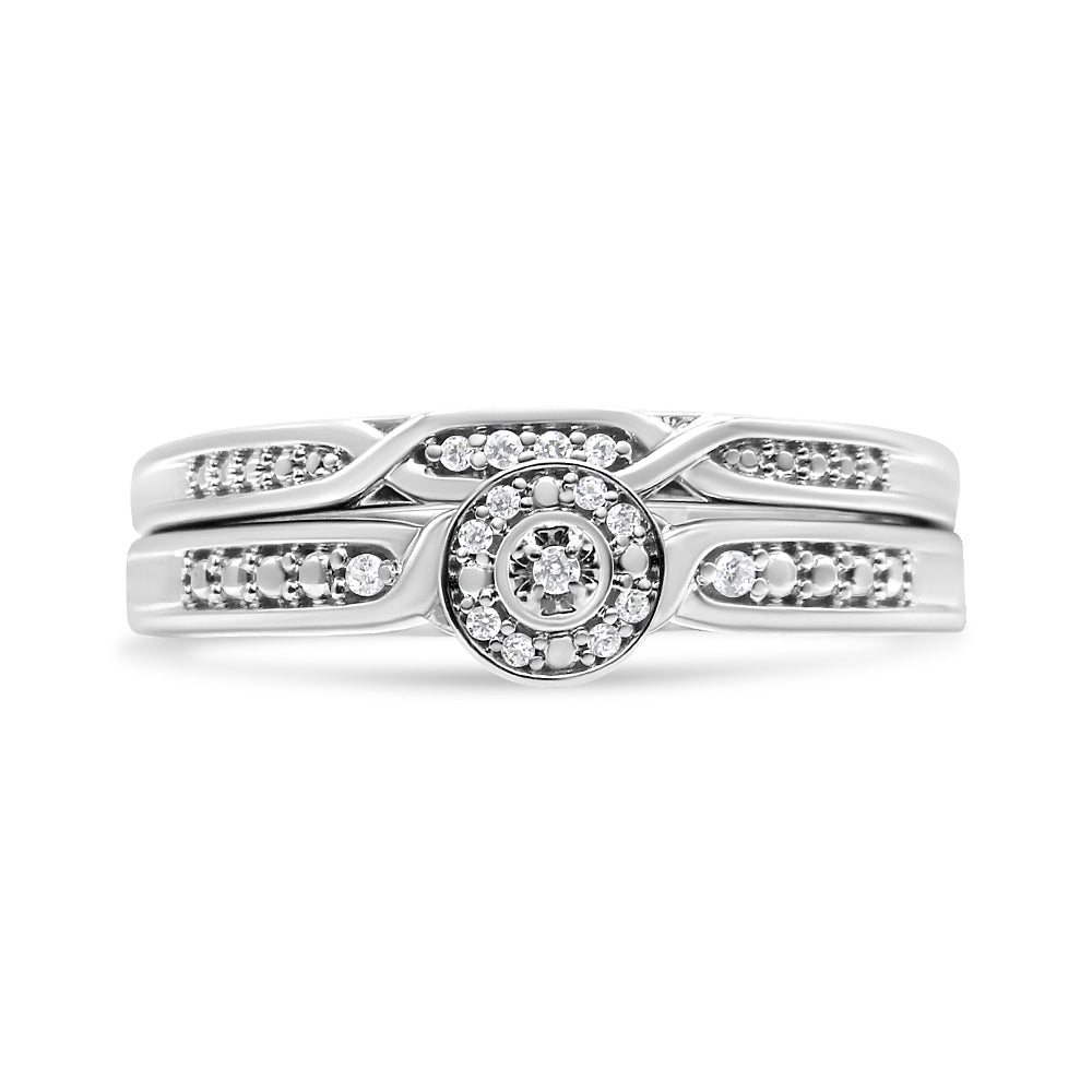 Anillo y alianza nupcial de plata de ley 925 con marco con detalles de diamantes y vástago retorcido (color IJ, claridad I3) - Friggin Jewelry