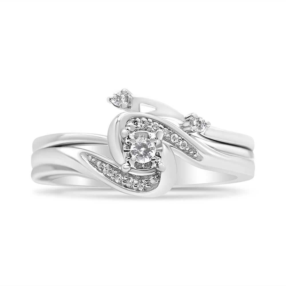 .925 Sterling Silver 1/10 Cttw Diamond Swirl and Bypass Bridal Set Ring and Band (I-J Color, I3 Clarity) - Friggin Jewelry