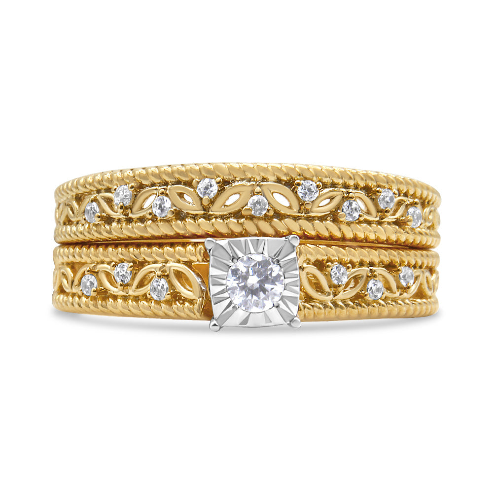 14K Yellow Gold Plated .925 Sterling Silver 1/5 Cttw Diamond Art Deco Style Engagement Ring Bridal Set (I-J Color, I3 Clarity) - Friggin Jewelry