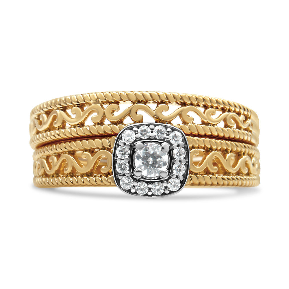 14K Yellow Gold Plated .925 Sterling Silver 1/5 Cttw Diamond Halo and Milgrain Finish Engagement Ring Bridal Set (I-J Color I3 Clarity) - Friggin Jewelry