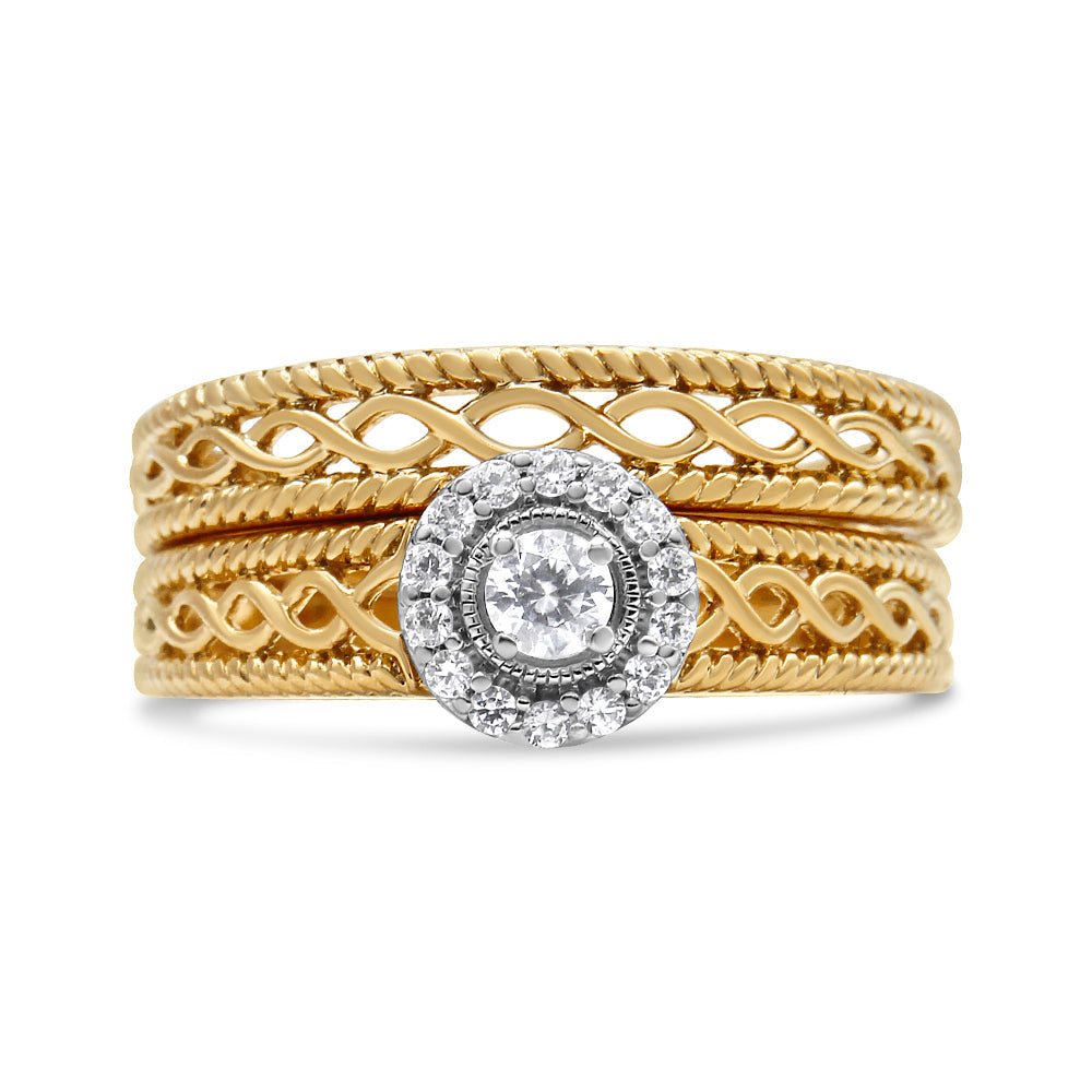 14K Yellow Gold Plated .925 Sterling Silver 1/5 Cttw Diamond Halo Engagement Ring and Wedding Band Set (I-J Color, I3 Clarity) - Friggin Jewelry