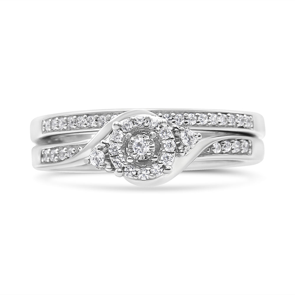 Anillo de compromiso y alianza de boda en plata de ley 925 con halo de diamantes de 1/4 quilates y espiral (color IJ, claridad I3) - Friggin Jewelry