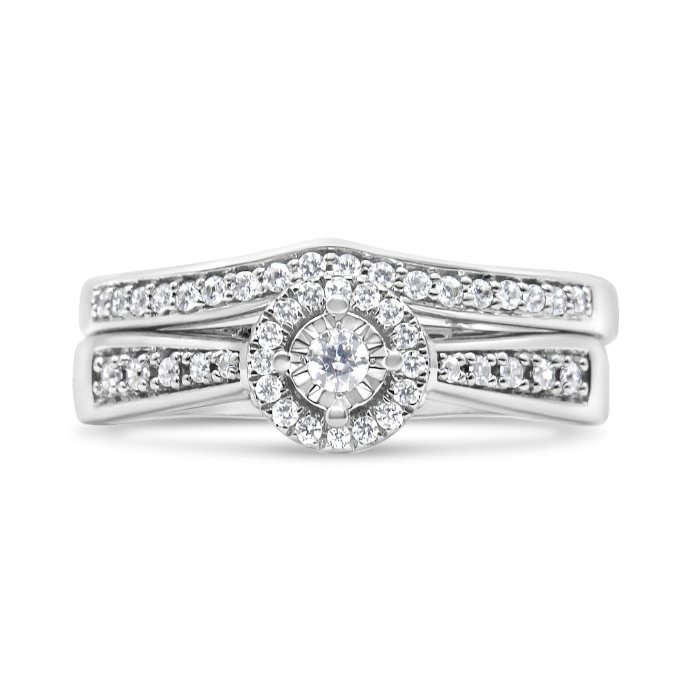.925 Sterling Silver 1/3 Cttw Diamond Halo and Pave Shank Engagement Ring Set (I-J Color, I3 Clarity) - Friggin Jewelry