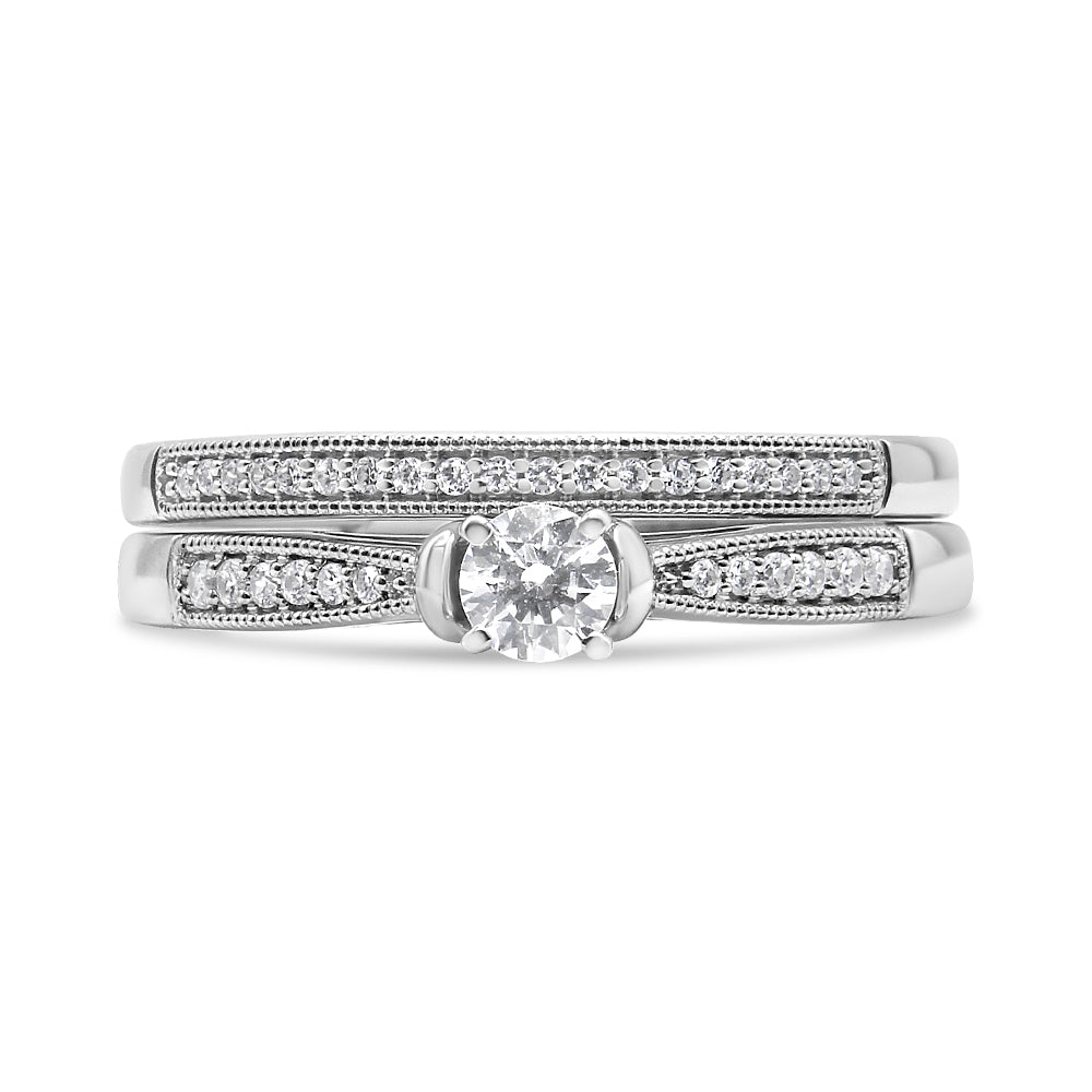 .925 Sterling Silver 1/3 Cttw Diamond Classic Engagement Ring Bridal Set with Milgrain (I-J Color, I3 Clarity) - Friggin Jewelry