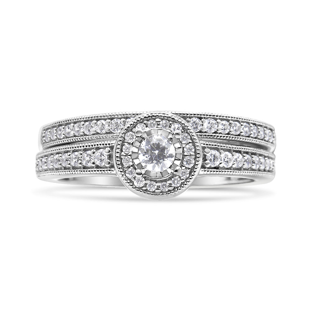 .925 Sterling Silver 1/2 Ctw Diamond Halo and Milgrain Engagement Ring Bridal Set (I-J Color, I3 Clarity) - Friggin Jewelry