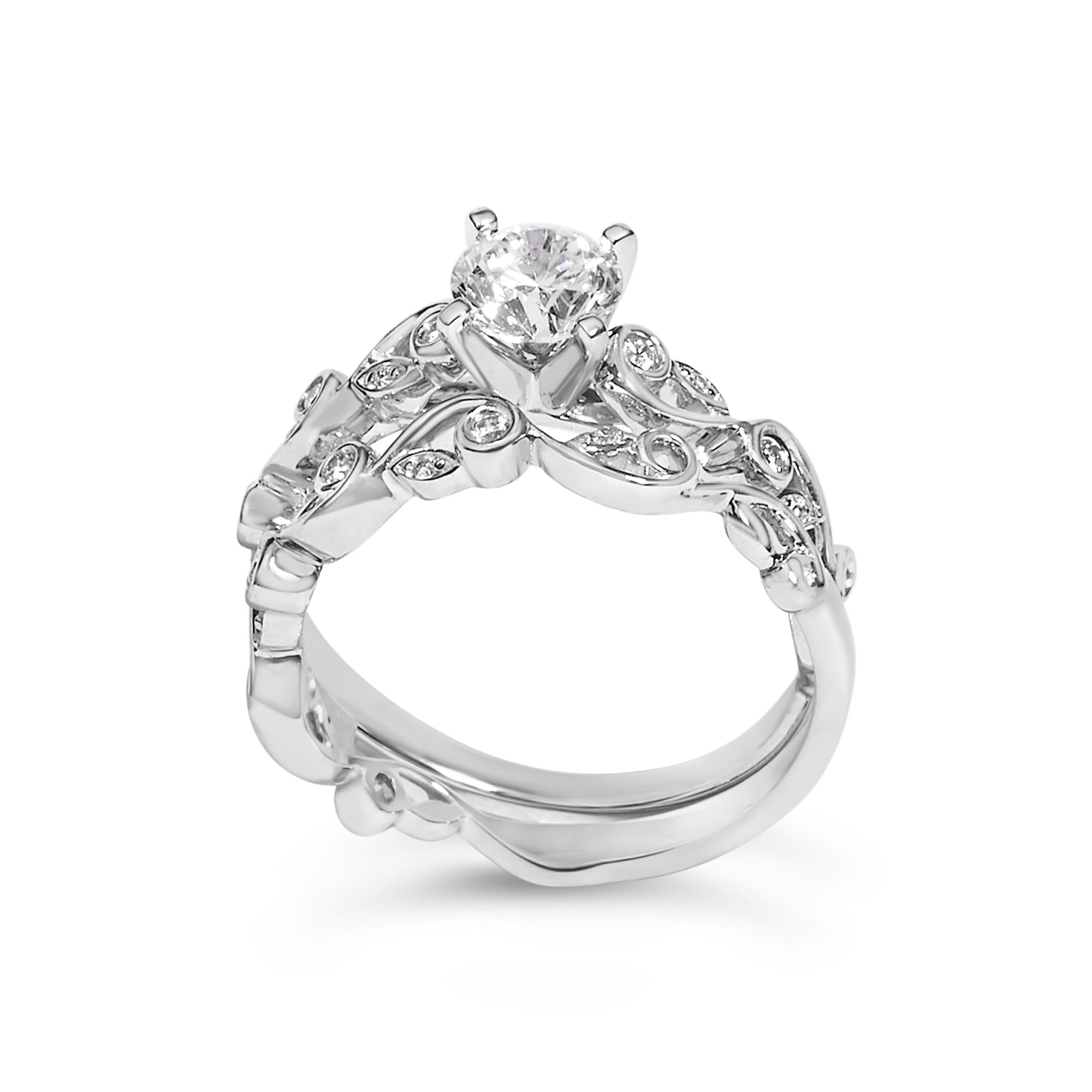 14K White Gold Lab Grown Diamond 1.0 Cttw Vintage Style Engagement Ring and Band Set - Friggin Jewelry