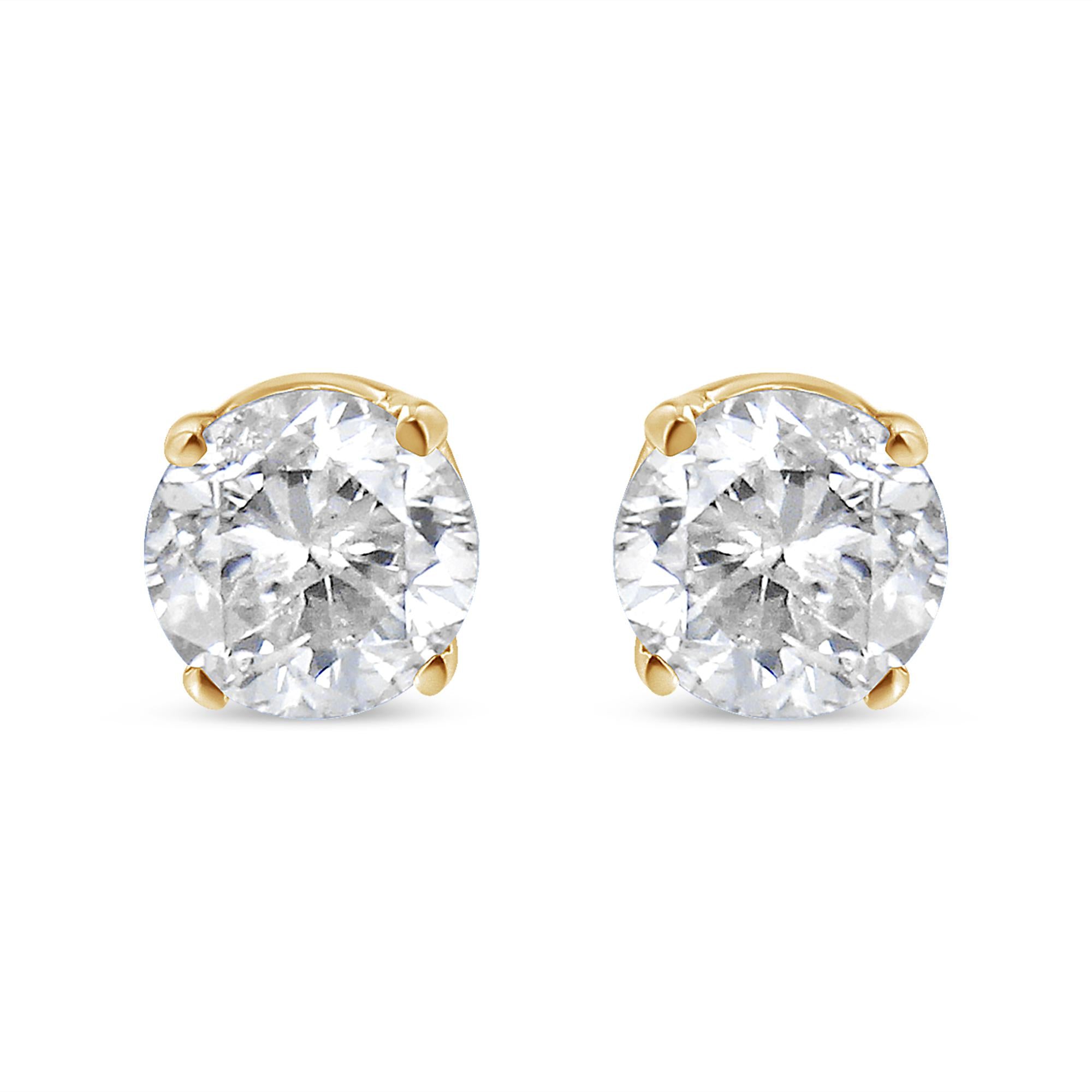 Aretes tipo botón con cierre a presión, de oro amarillo de 14 quilates, 1/2 ct, 4 puntas y diamante solitario de talla redonda brillante (OP, color, claridad SI2-I1) - Friggin Jewelry