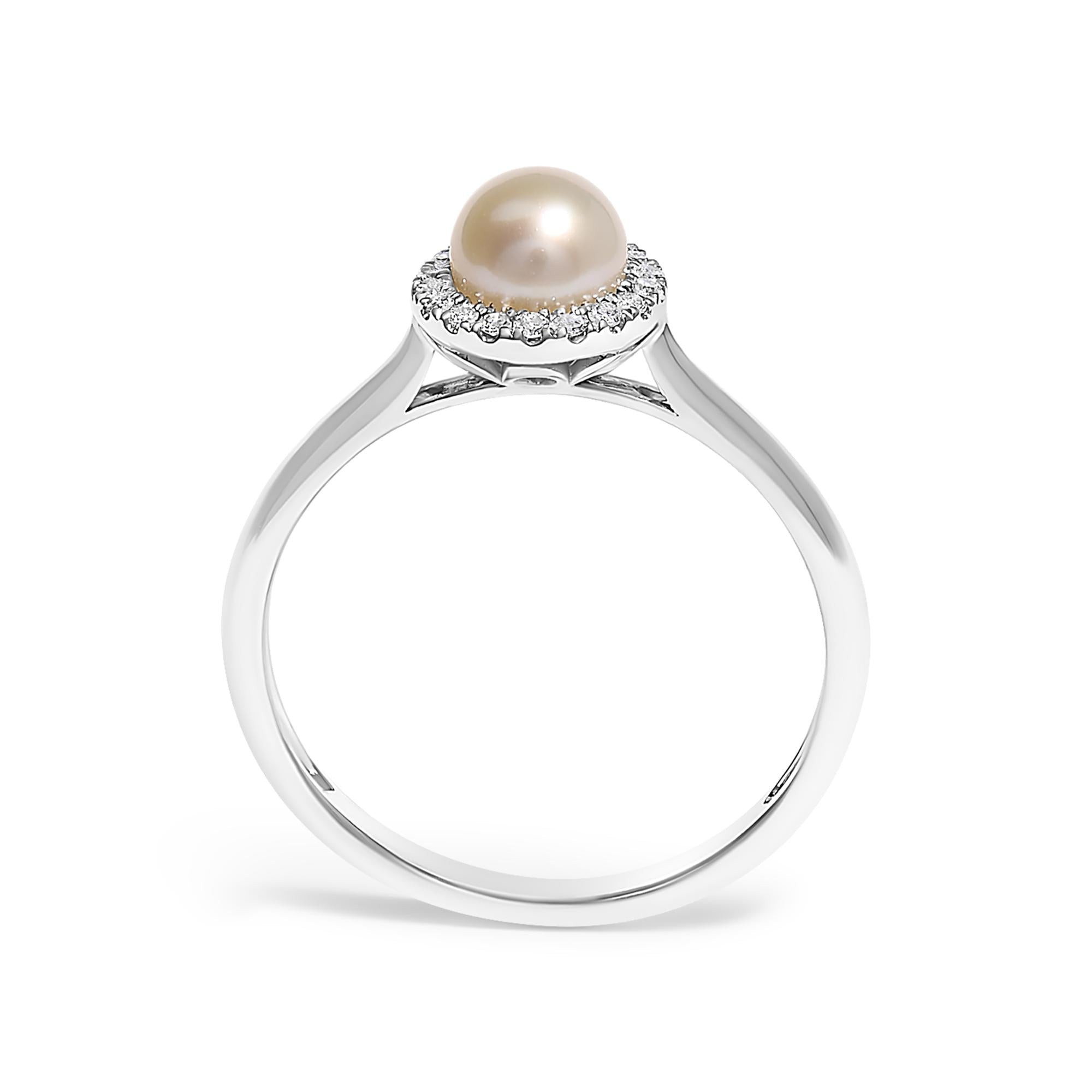 10K White Gold 5MM Cultured Freshwater Pearl  and Diamond Halo Ring (I-J Color, I1-I2 Clarity) - Friggin Jewelry