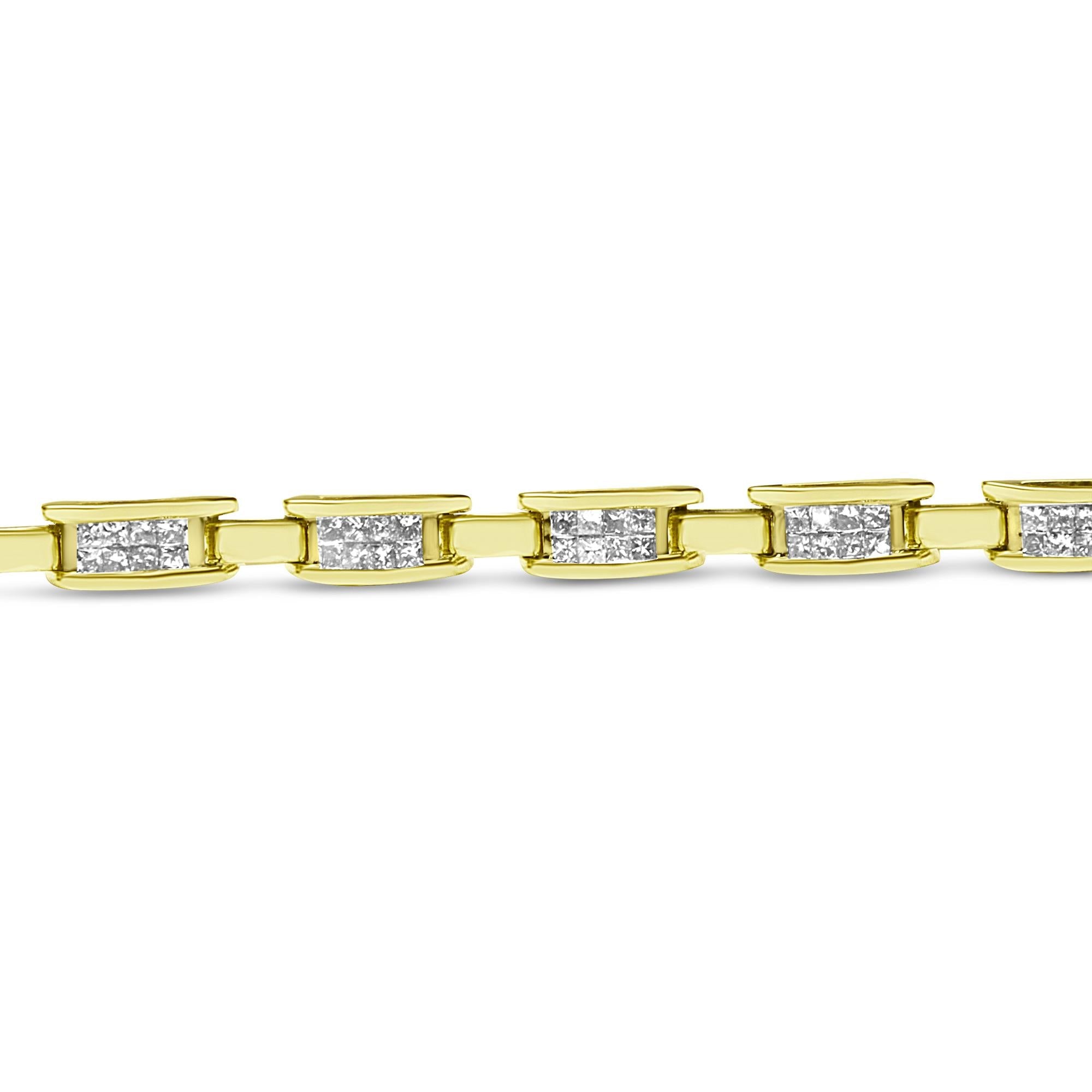 Bracciale a maglie rettangolari in oro giallo 10 carati con diamanti taglio principessa incastonati in modo invisibile da 2,0 ct (colore IJ, purezza SI2-I1) - 7" - Friggin Jewelry