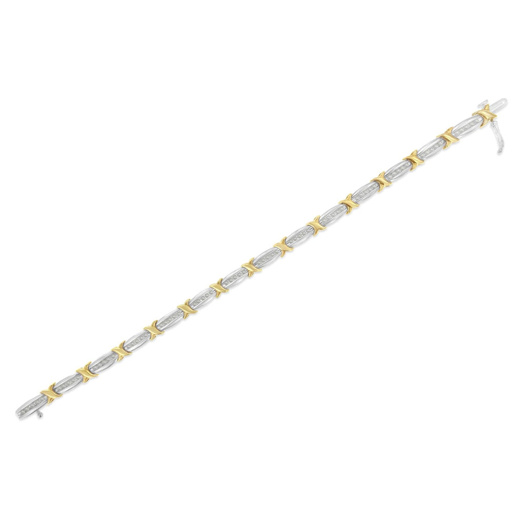 Two-Tone 10K Yellow Gold over .925 Sterling Silver 1.0 Cttw Diamond Channel Set Tapered & X-Link 7" Tennis Bracelet (H-I Color, I2-I3 Clarity) - Friggin Jewelry