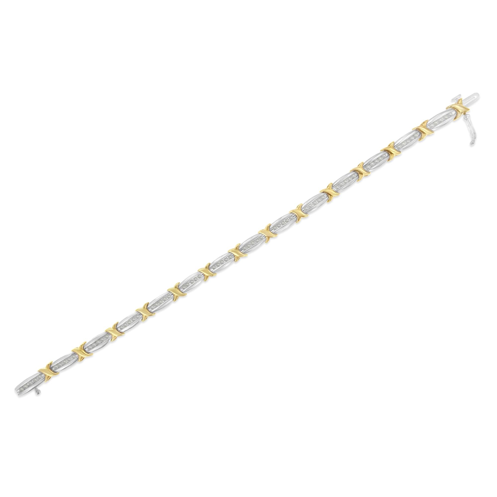 Two-Tone 10K Yellow Gold over .925 Sterling Silver 1.0 Cttw Diamond Channel Set Tapered & X-Link 7" Tennis Bracelet (H-I Color, I2-I3 Clarity) - Friggin Jewelry