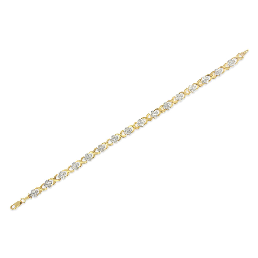 10K Yellow Gold over .925 Sterling Silver 1.0 Cttw Diamond Cluster X Link Tennis Link Bracelet (H-I Color, I3 Clarity) - 7" - Friggin Jewelry